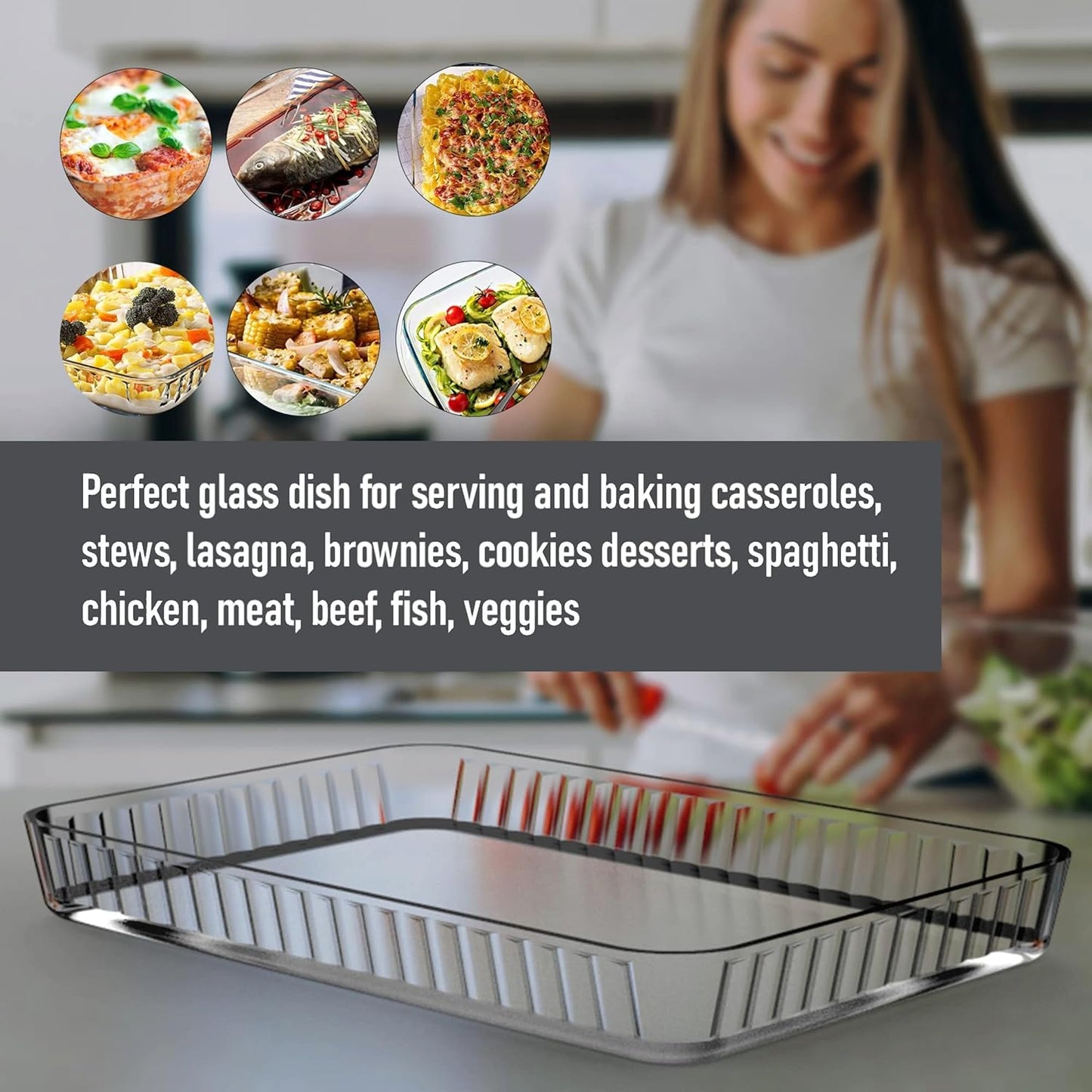 Ums Glass Baking Dish - 4-Qt Borosilicate Oven Pan | Microwave & Oven-Safe Casserole Dish (16" x 11" x 2")