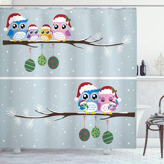 Christmas Owl Family Shower Curtain - Winter Bathroom Decor, 69" x 70", Fabric Set with Hooks