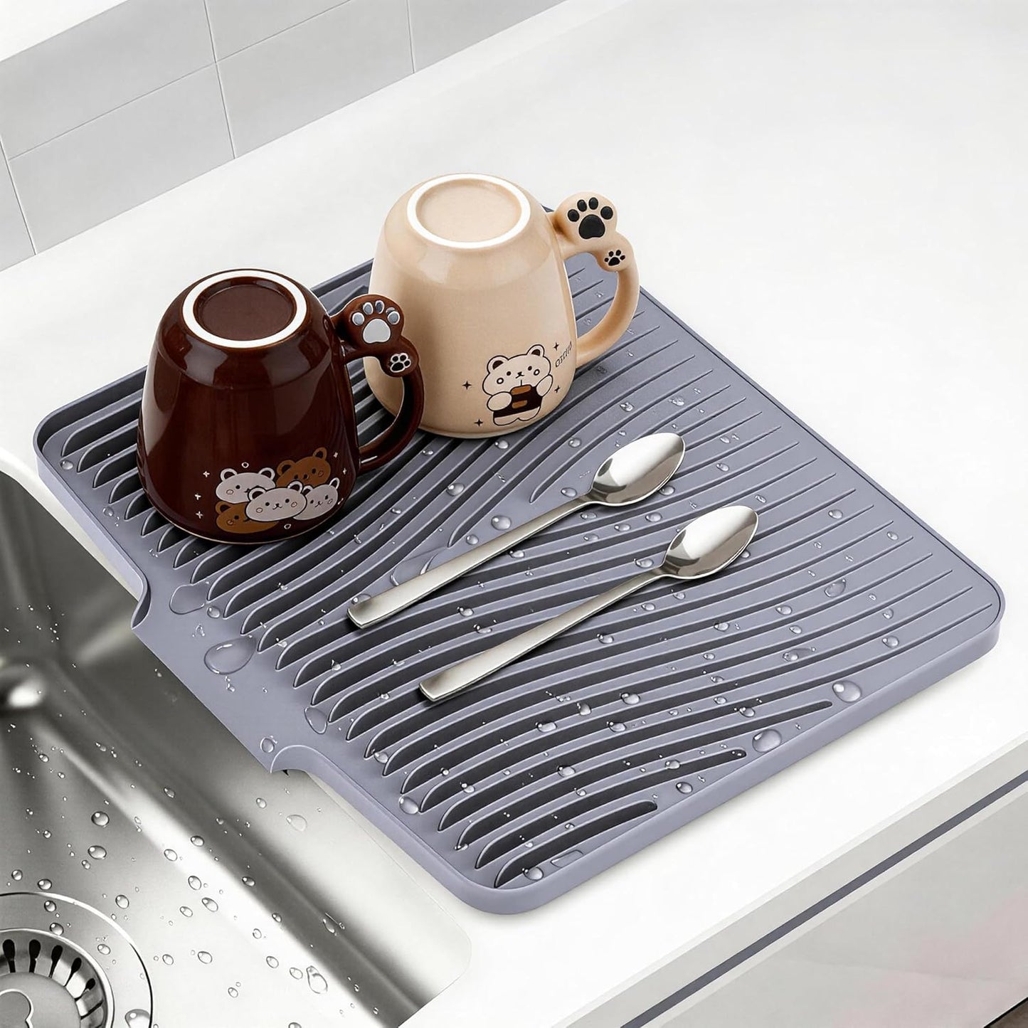 Silicone Dish Drying Mat - Non-Slip Drain Pad for Kitchen | Easy to Clean, Heat Resistant, 15.8" x 13", Grey
