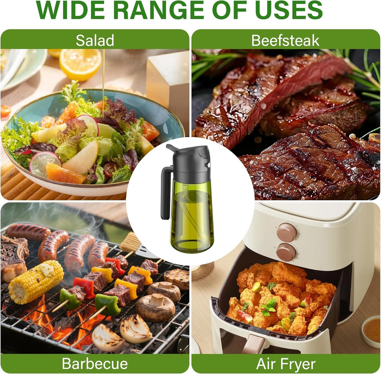 Vakoo 2 in 1 Oil Sprayer - 16oz Dark Glass Olive Oil Dispenser for Cooking & BBQ (Black/White)