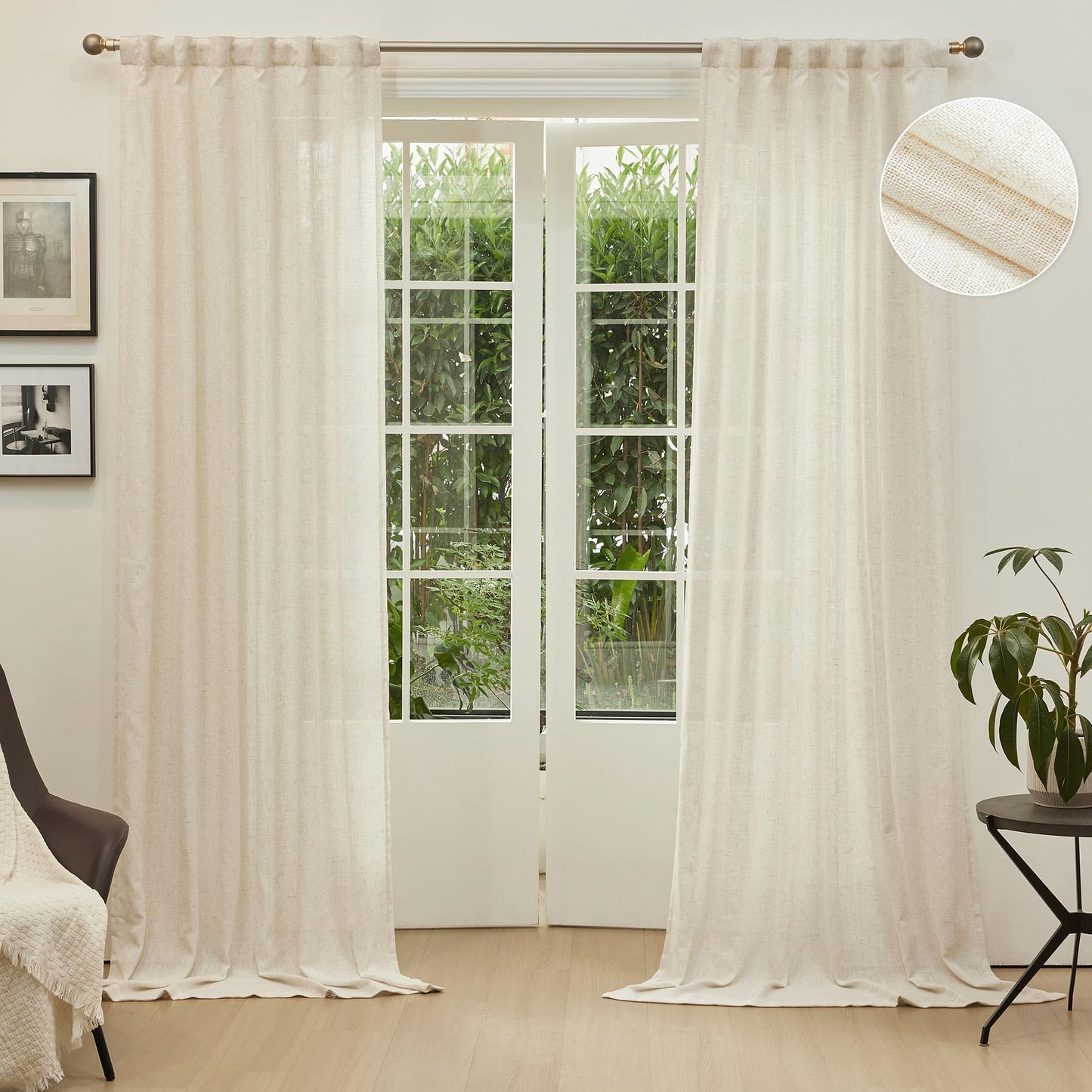 MYSKY HOME Linen Curtains for Sliding Glass Door, Back Tab Semi Sheer Curtain Panels Extra Long Floor Length Drapes Linen Texture Soft Touch Country Curtains, 50x102 Inch, Linen, Set of 2