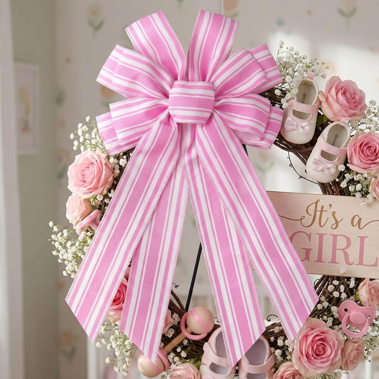 Regine Switzerland Pink & White Striped Wreath Bow - 20x11 Inch Large Baby Shower Decor