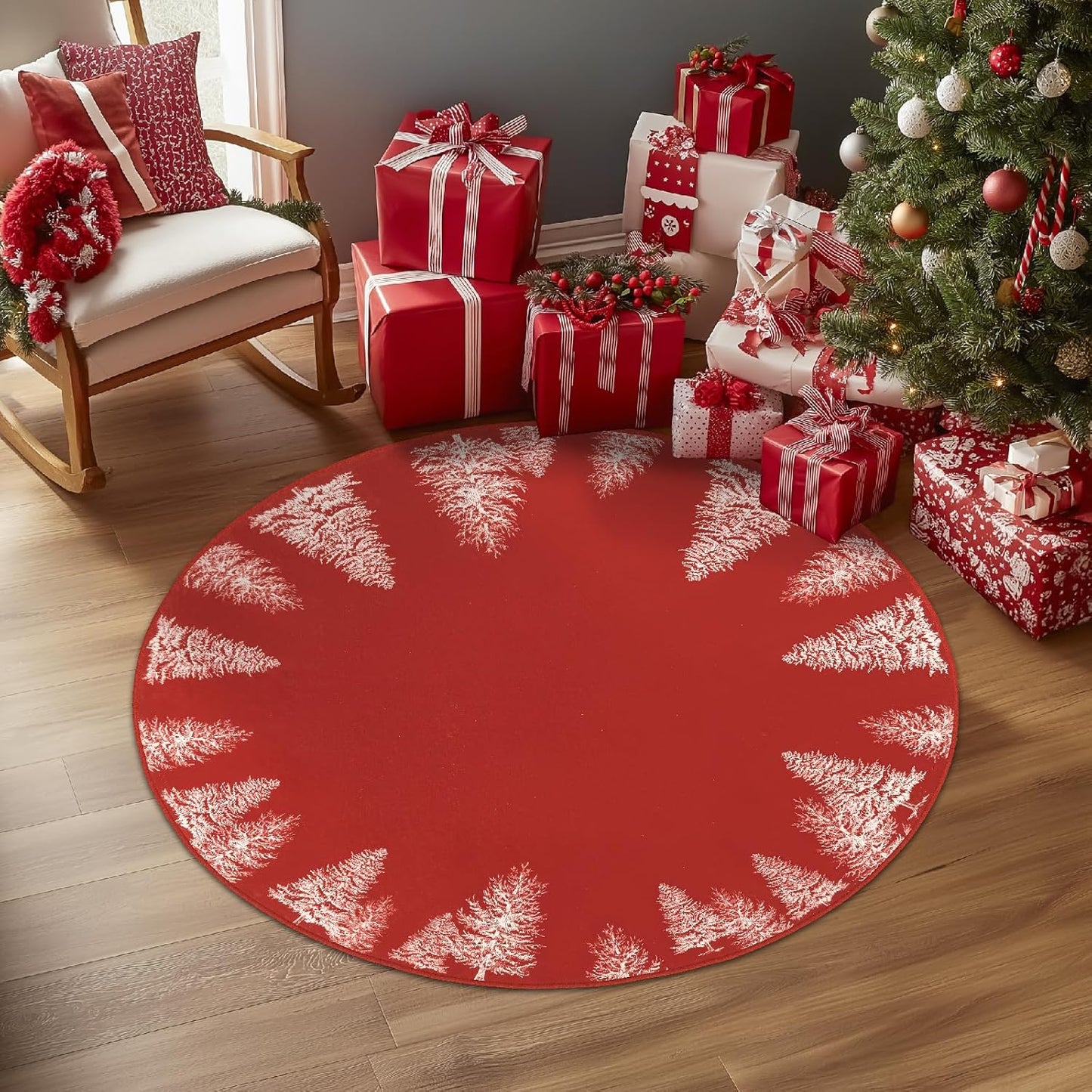 COLLACT Christmas Round Rug 5ft Area Rug Red Xmas Tree Washable Non Slip Soft Circle Round Holiday Decor Floor Carpet for Kitchen Bedroom Bathroom Laundry Foyer Nursery Living Room