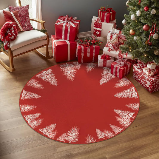 COLLACT Christmas Round Rug 5ft Area Rug Red Xmas Tree Washable Non Slip Soft Circle Round Holiday Decor Floor Carpet for Kitchen Bedroom Bathroom Laundry Foyer Nursery Living Room