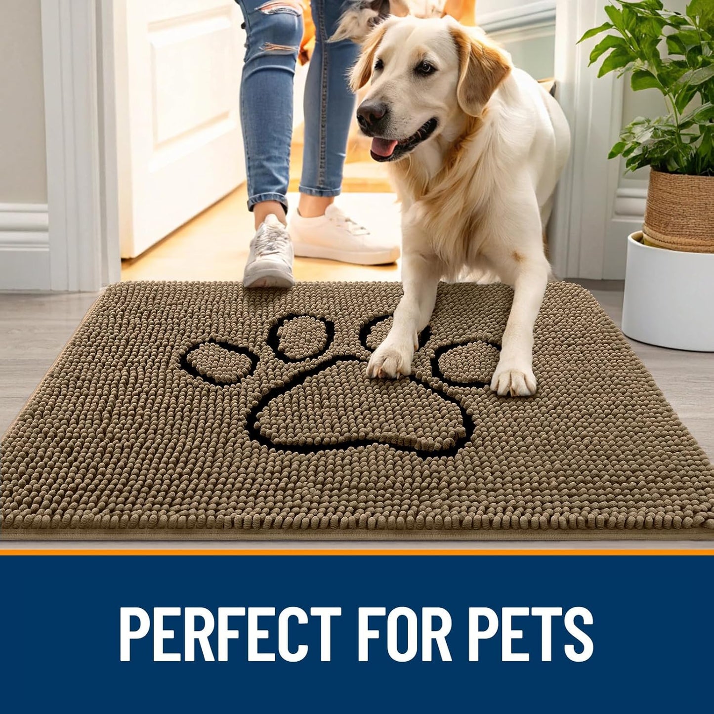 OLANLY Dog Door Mat - Absorbent Non-Slip Mud Mat for Muddy Paws | 59x35 Tan Paw Print Design
