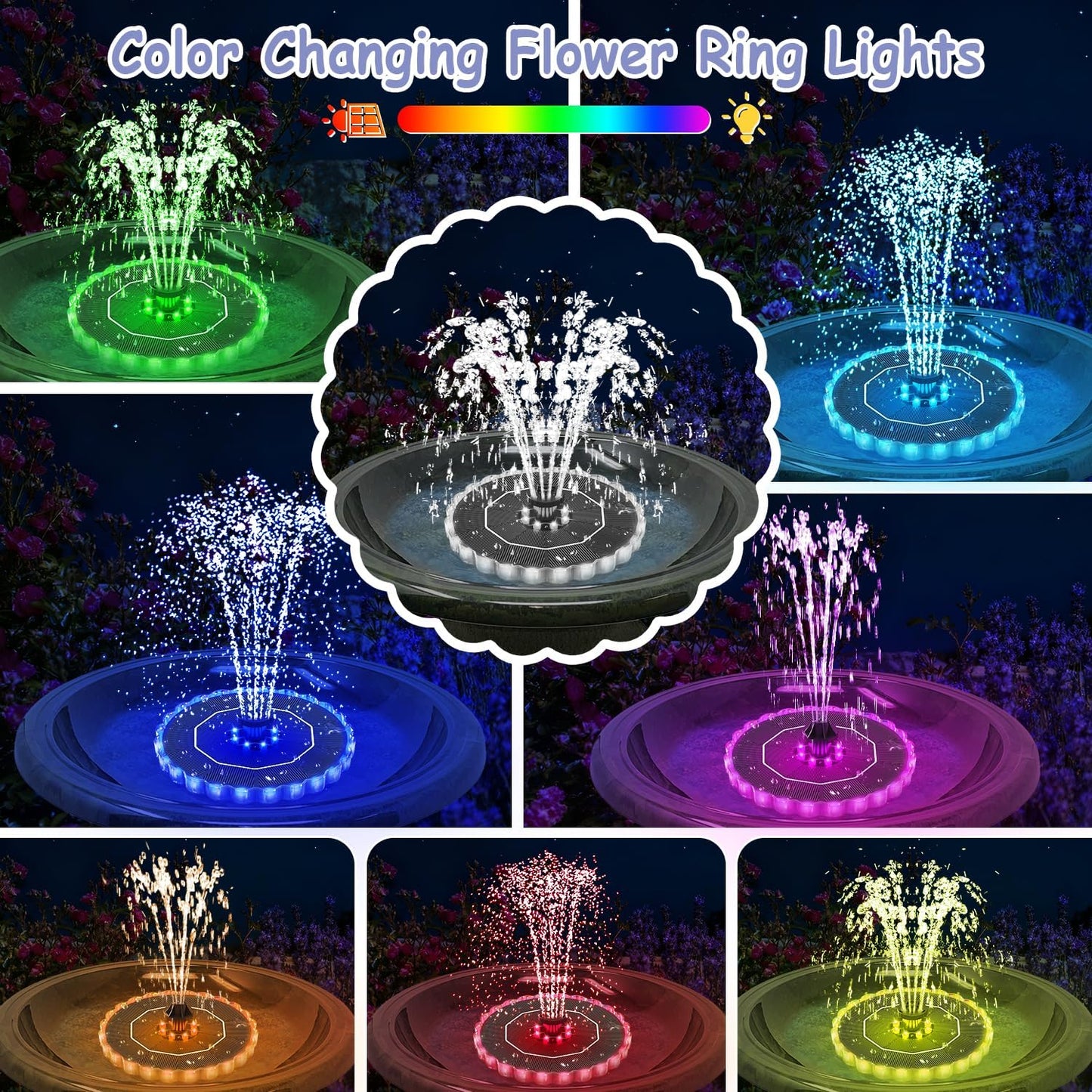 Yzert Solar Fountain - Colorful Ring Lights & 3.5W Pump with 2000mAh Battery | Ideal for Bird Baths, Ponds, Pools