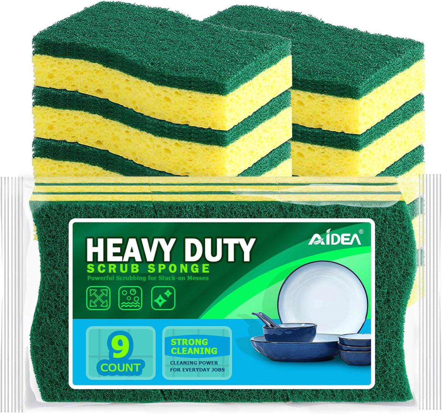 AIDEA Heavy-Duty Kitchen Sponges - 9 Count | Powerful Scrubbing for Tough Messes in Kitchen & Bathroom