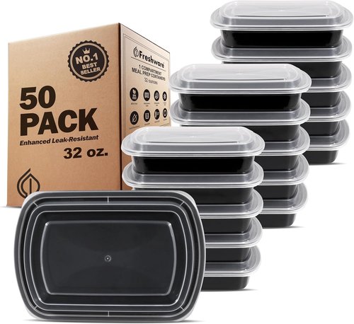Freshware Meal Prep Containers - 50 Pack, 1 Compartment, BPA Free, Stackable, Microwave & Freezer Safe | 32 oz