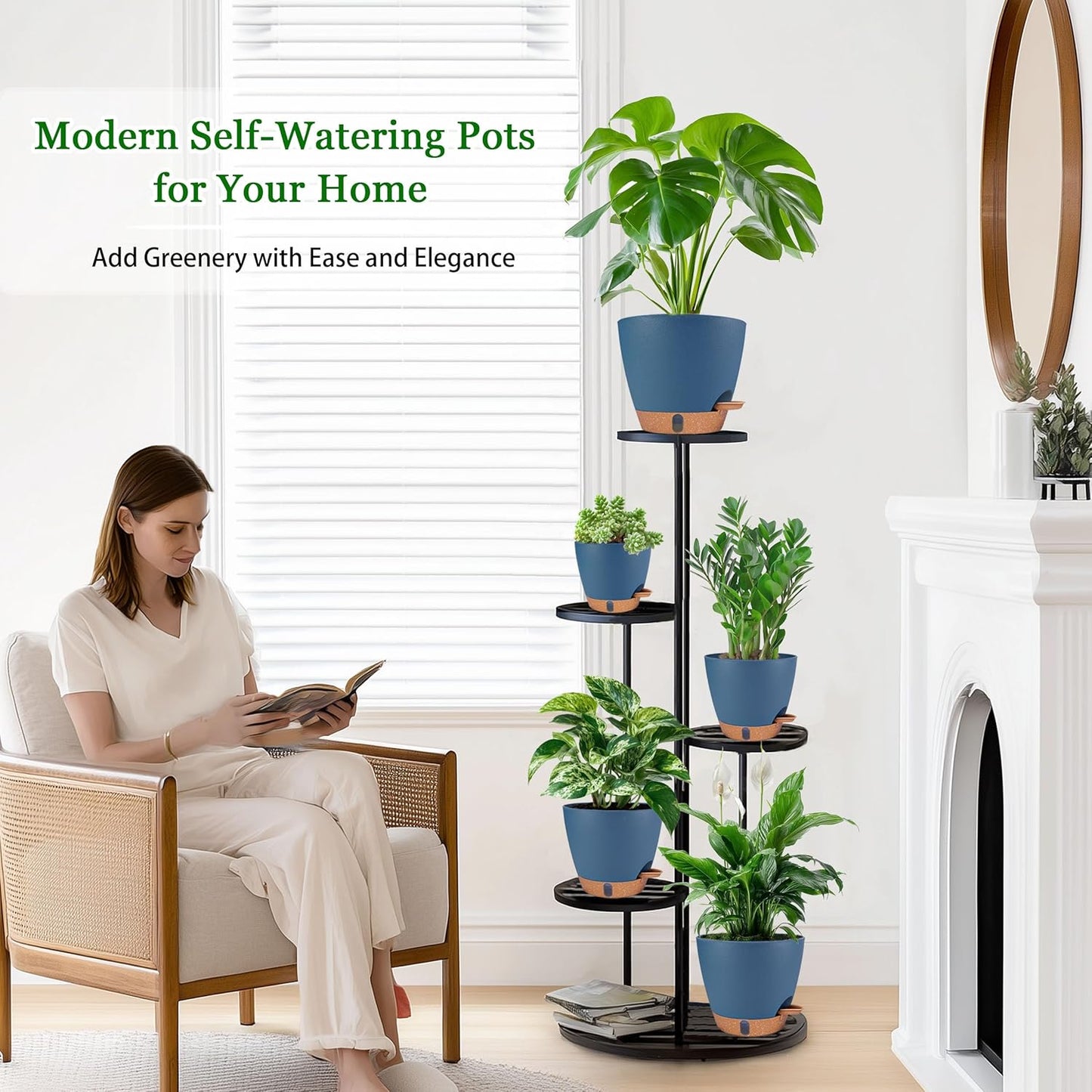 Skiennix Self-Watering Pots - Decorative Plastic Planters with Drainage & Water Level Indicator | 5-8 Inch Navy Blue
