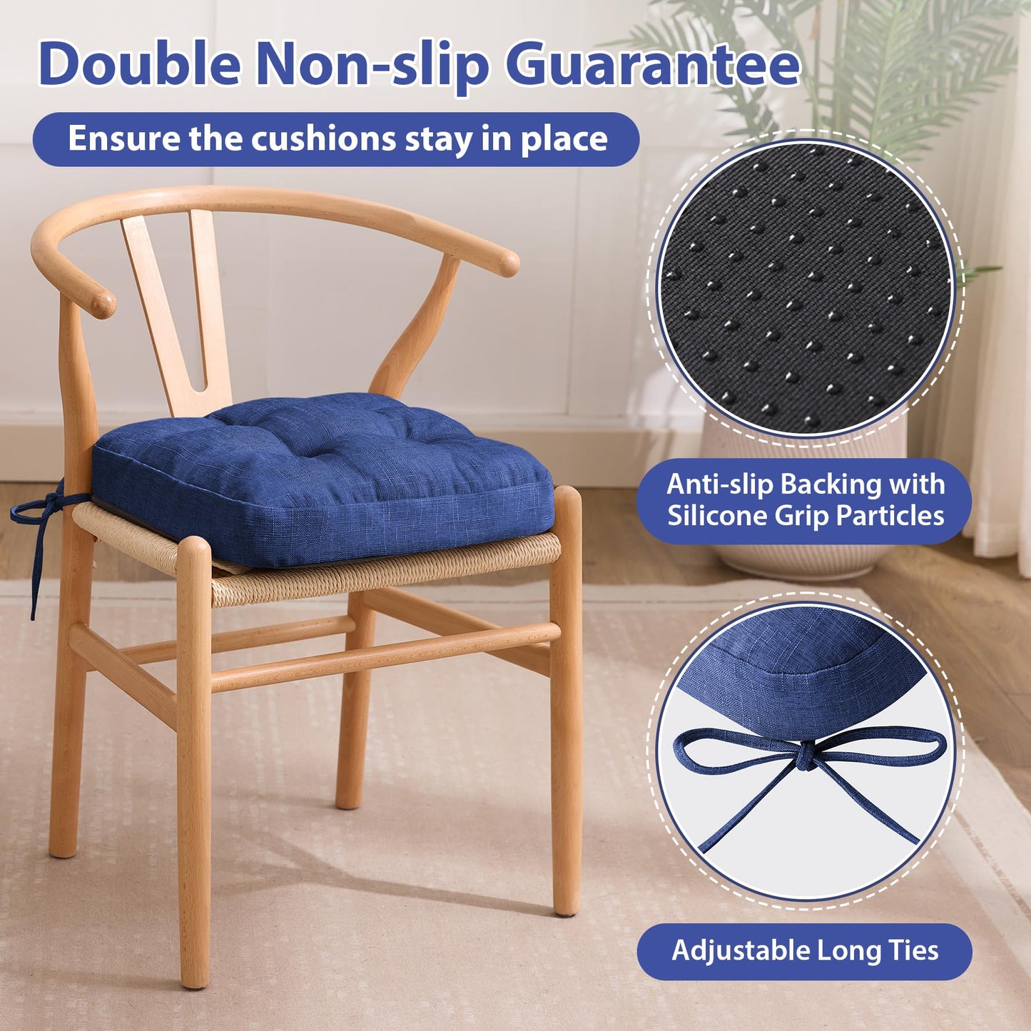 IASEAHK Chair Cushions for Dining Chairs, Dining Chair Cushions, Tufted Indoor Chair Pads with Ties & Non Slip Backing, Seat Cushions for Kitchen Chairs 16.5” x 16.5” x 3.5”, Set of 6, Navy Blue