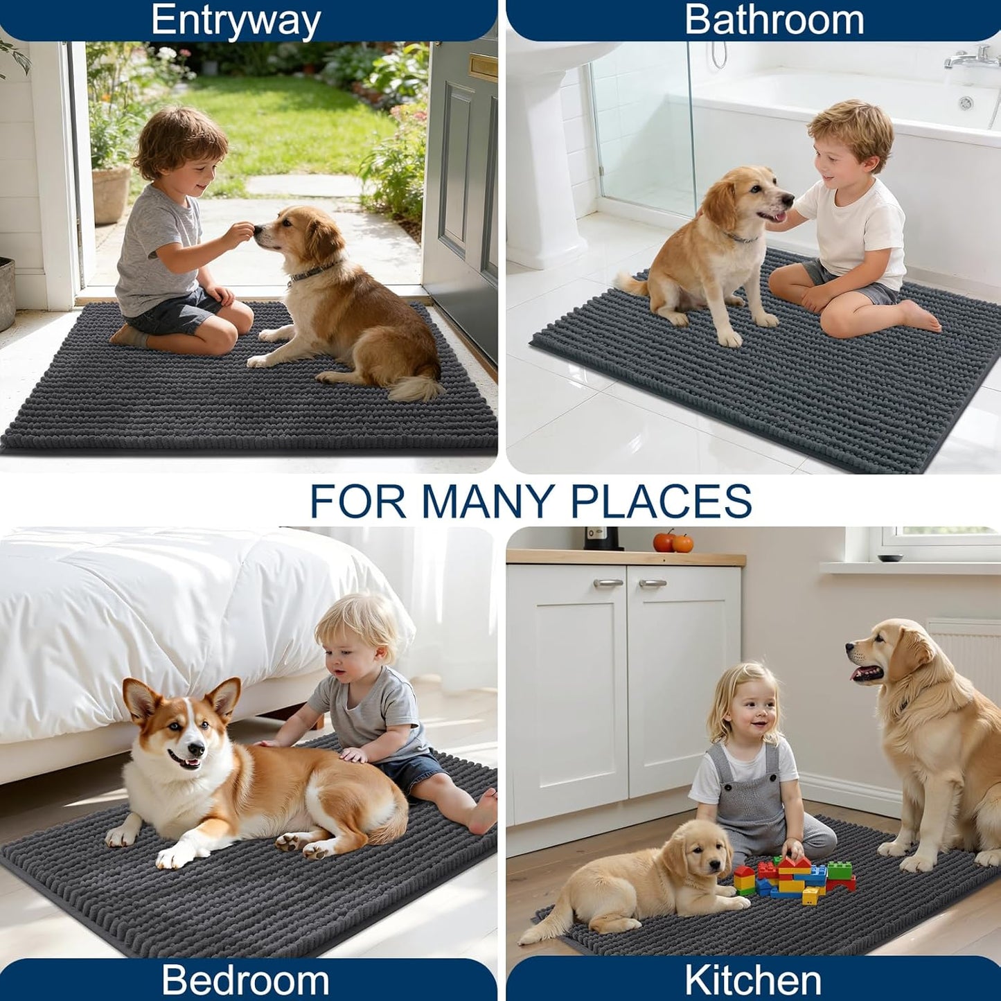 OLANLY Dog Door Mat - Ultra Absorbent Chenille Mud Doormat | Non-Slip & Washable 30x20, Dark Grey
