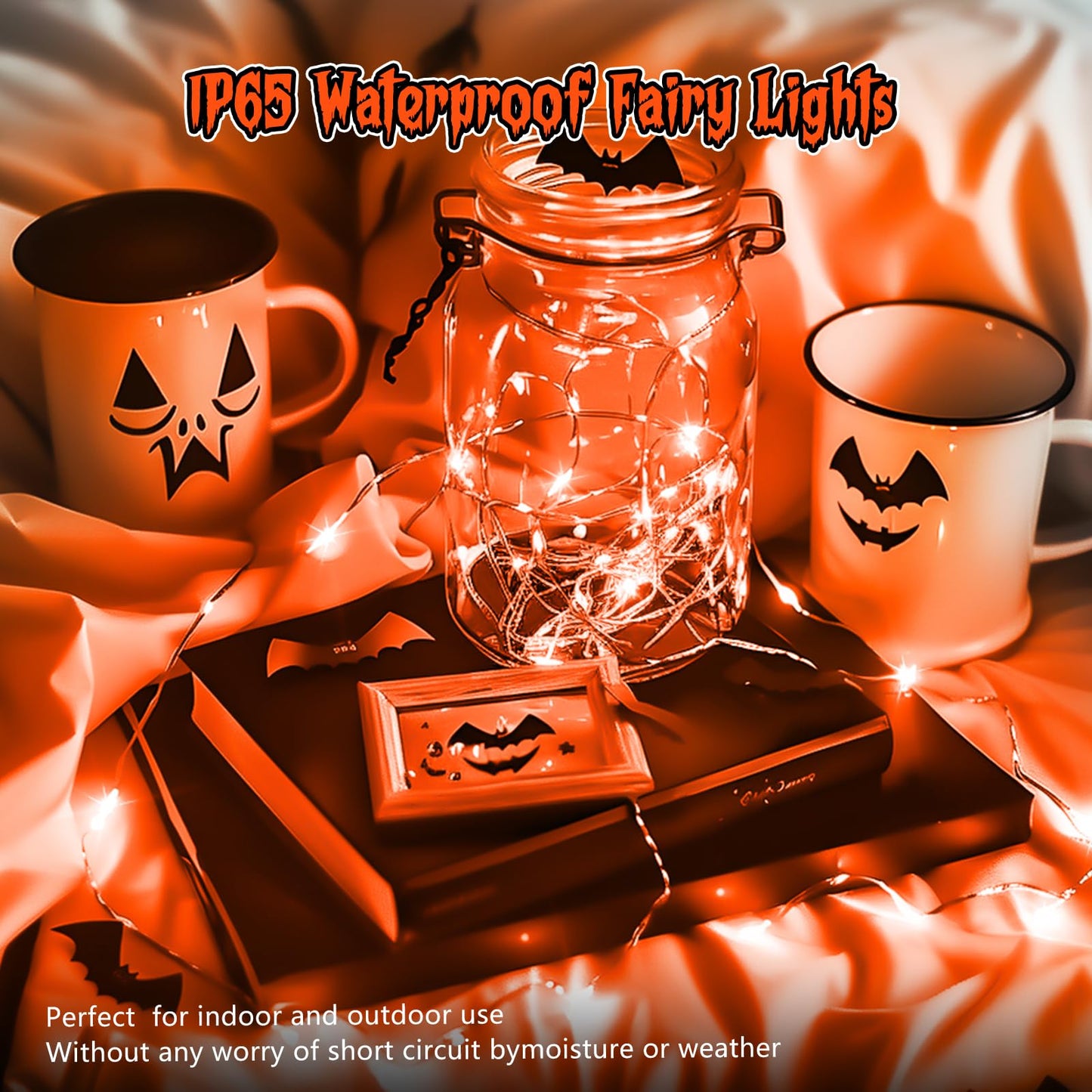 Minetom 6 Pack Orange Fairy Lights Battery Operated with Timer - 7ft 20 LED Waterproof Short Micro Firefly Lights for Halloween Decor, Pumpkin DIY Craft, Paper Lantern Decoration