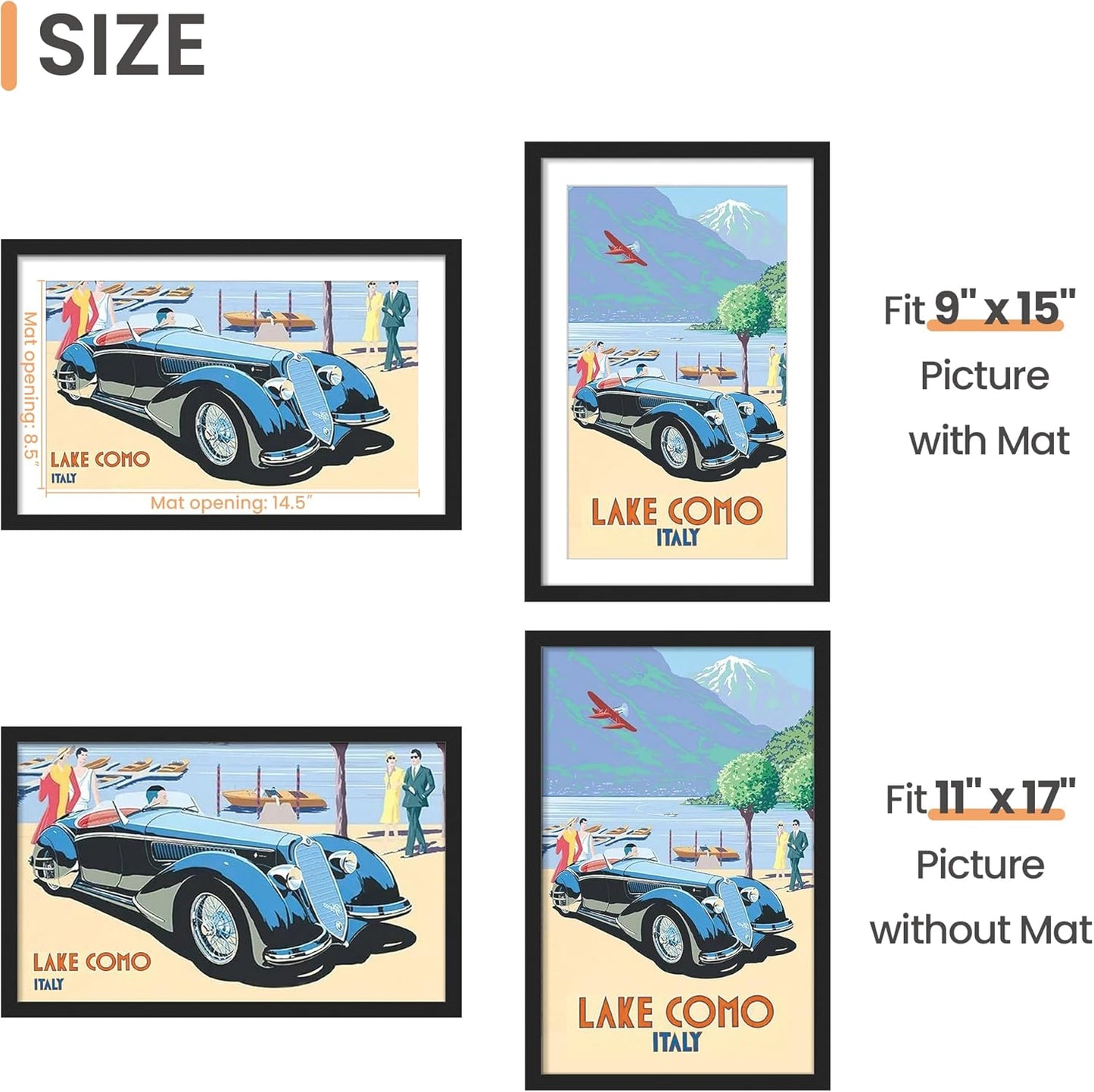 Upsimples 11x17 Picture Frame - Versatile Display for 9x15 with Mat or 11x17 Without - Black, 1 Pack