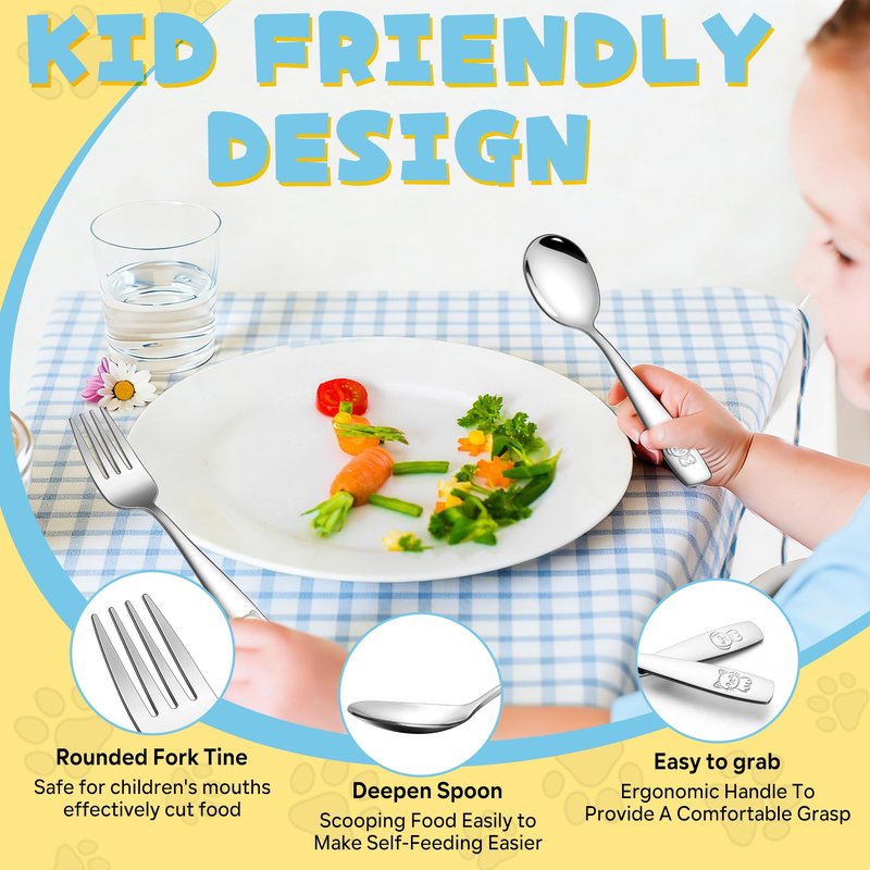 LIANYU 12 Pieces Kids Silverware Set, Stainless Steel Toddler Utensils, Food Grade Toddler 6 Forks and 6 Spoons for Self-Feeding, Metal Kids Cutlery Set with Cute Pattern, Dishwasher Safe
