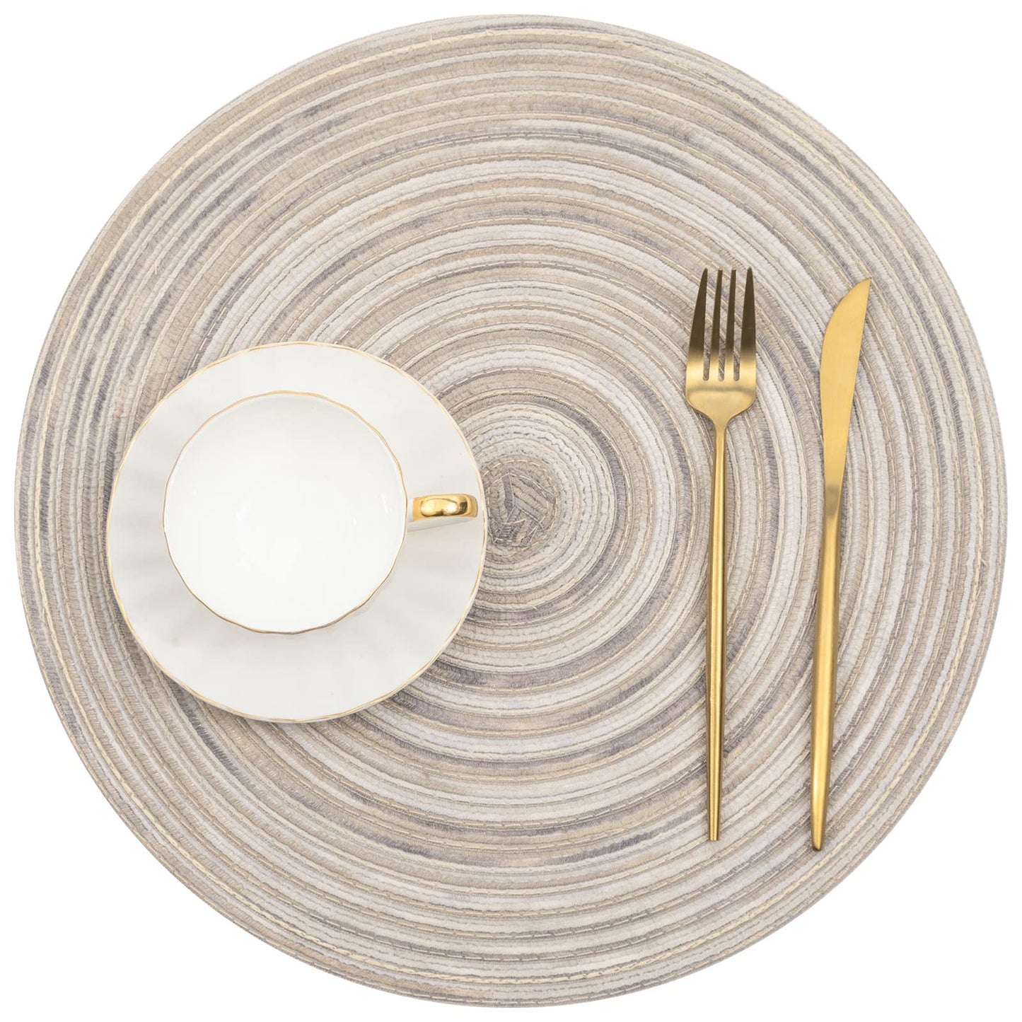 SHACOS Round Braided Placemats 15 inch Set of 4 Variegated Washable Kitchen Table Placemats for Home Wedding Party (Rainbow Gray, 4)