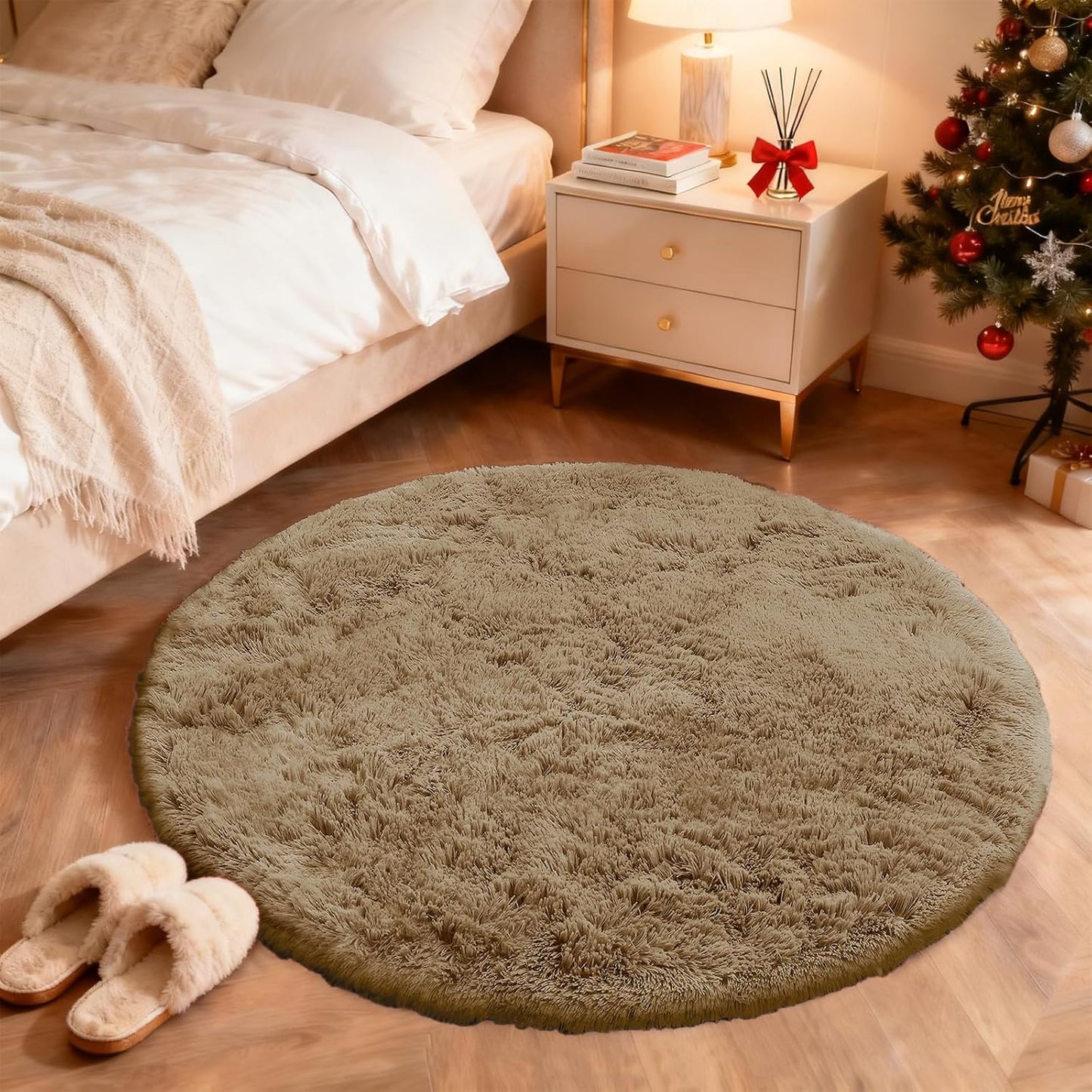 OLANLY Round Area Rug - Soft Taupe Shaggy Carpet, Machine Washable, 4 ft Circle for Bedroom & Living Room