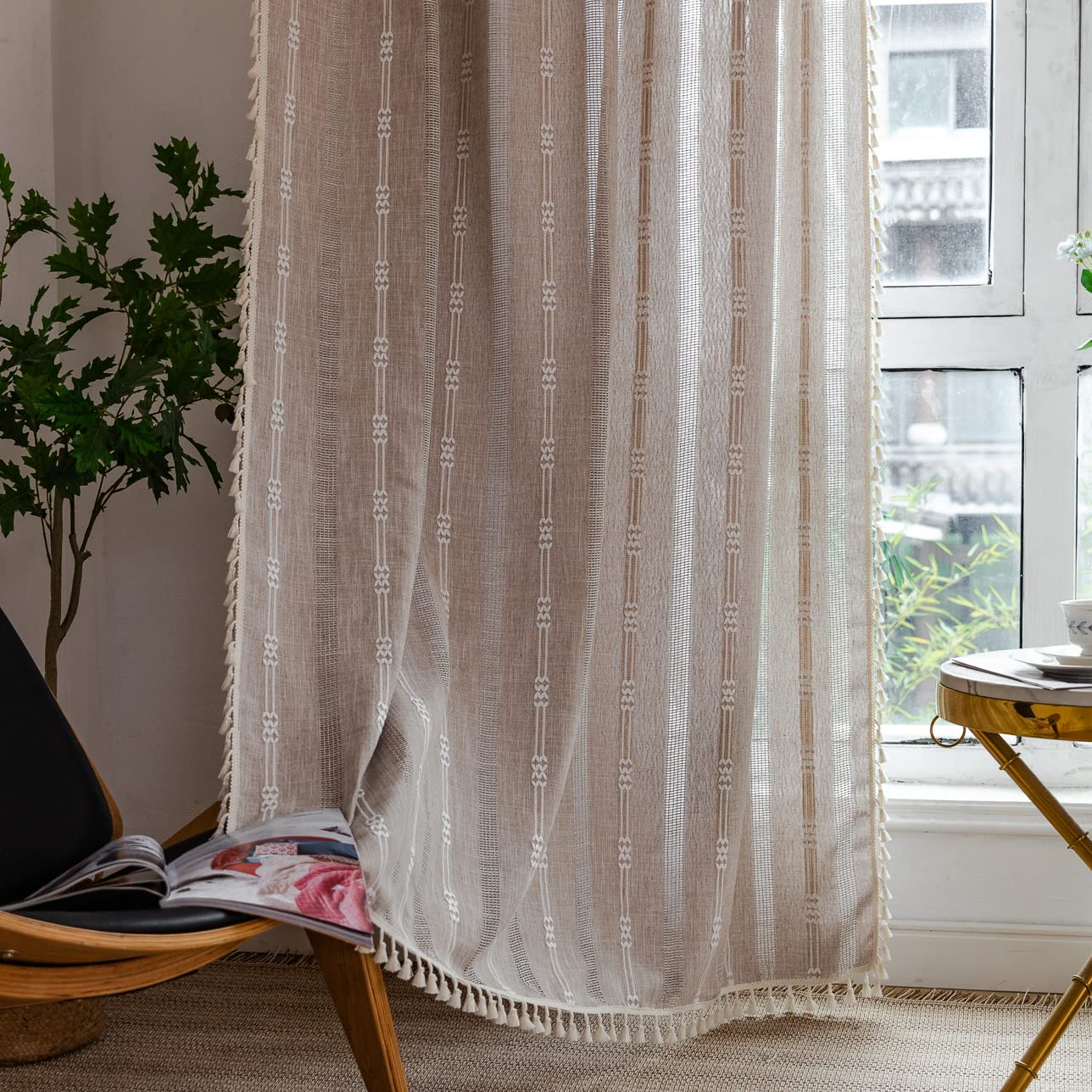 Linen Curtains 108 Inches Long for Living Room 2 Panels Set, Embroidery Farmhouse Tassel Boho for Bedroom Light Filtering Window Rod Pocket Drapes (52" W x 108" L, Khaki)