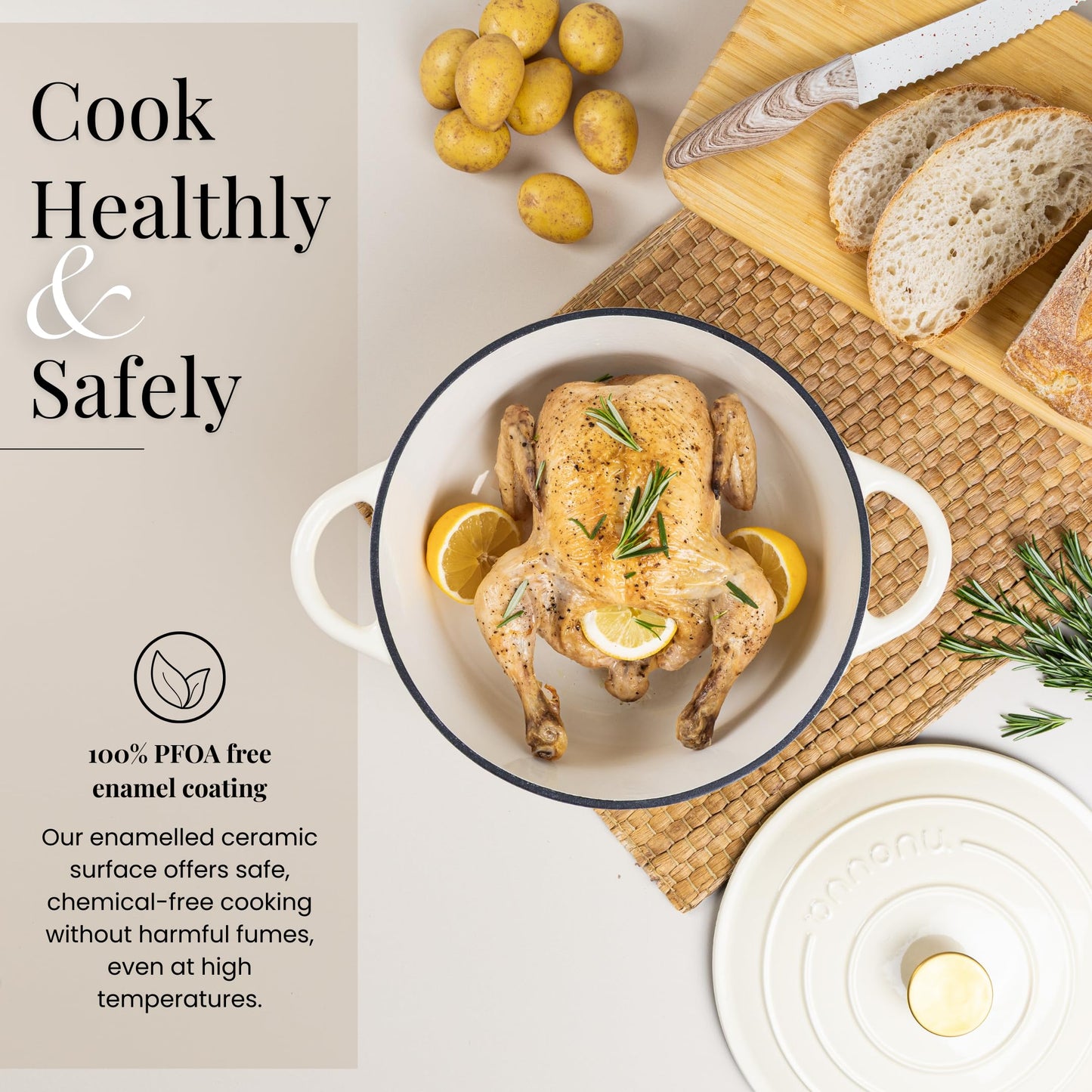 Nuovva Enamelled Cast Iron Dutch Oven Pot with Lid – 6.4 Quart Non Stick Casserole Pot – Heavy Duty & Oven Safe up to 500° F for Bread Baking, Braising, Stews, Roasting – 28cm Cream