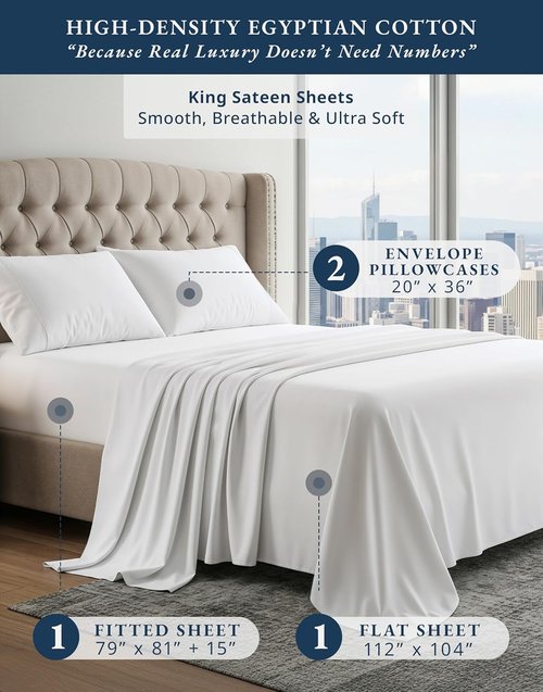 100% Egyptian Cotton Sheets King Size - Ultra-Soft, Naturally Cooling 4-Piece Set | Luxury White Silky Sateen with Deep Pockets