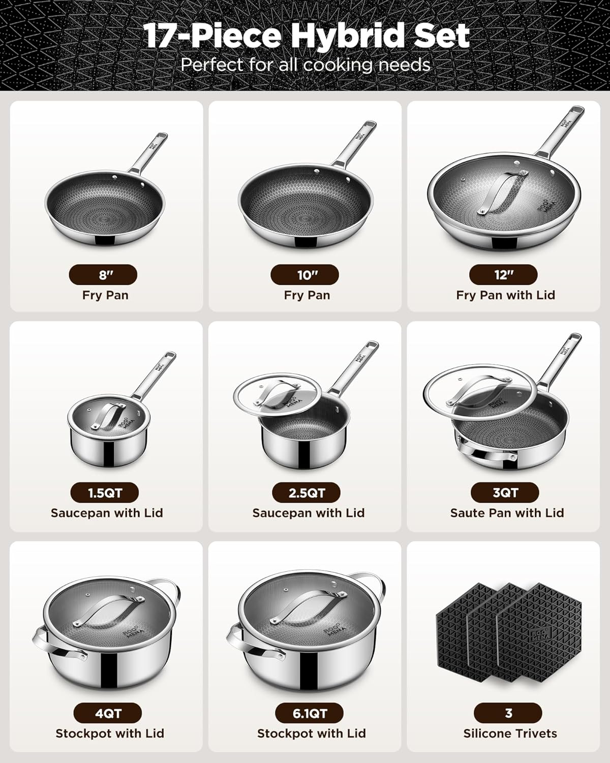 Skiennix 17PC Hybrid Stainless Steel Cookware Set - Nonstick Tri-Ply, Dishwasher & Oven Safe, PFOA-Free