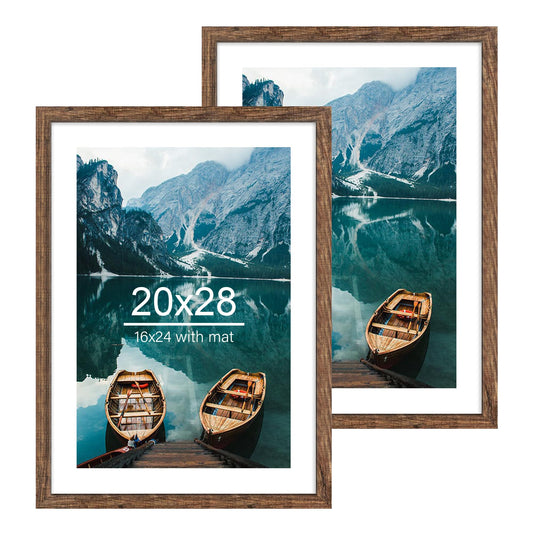 Hongkee 20x28 Picture Frame Set of 2, Rustic Black Wood Style - Display 16x24 Picture with Mat or 20 x 28 Poster without Mat, Wall Mounting Horizontal and Vertical