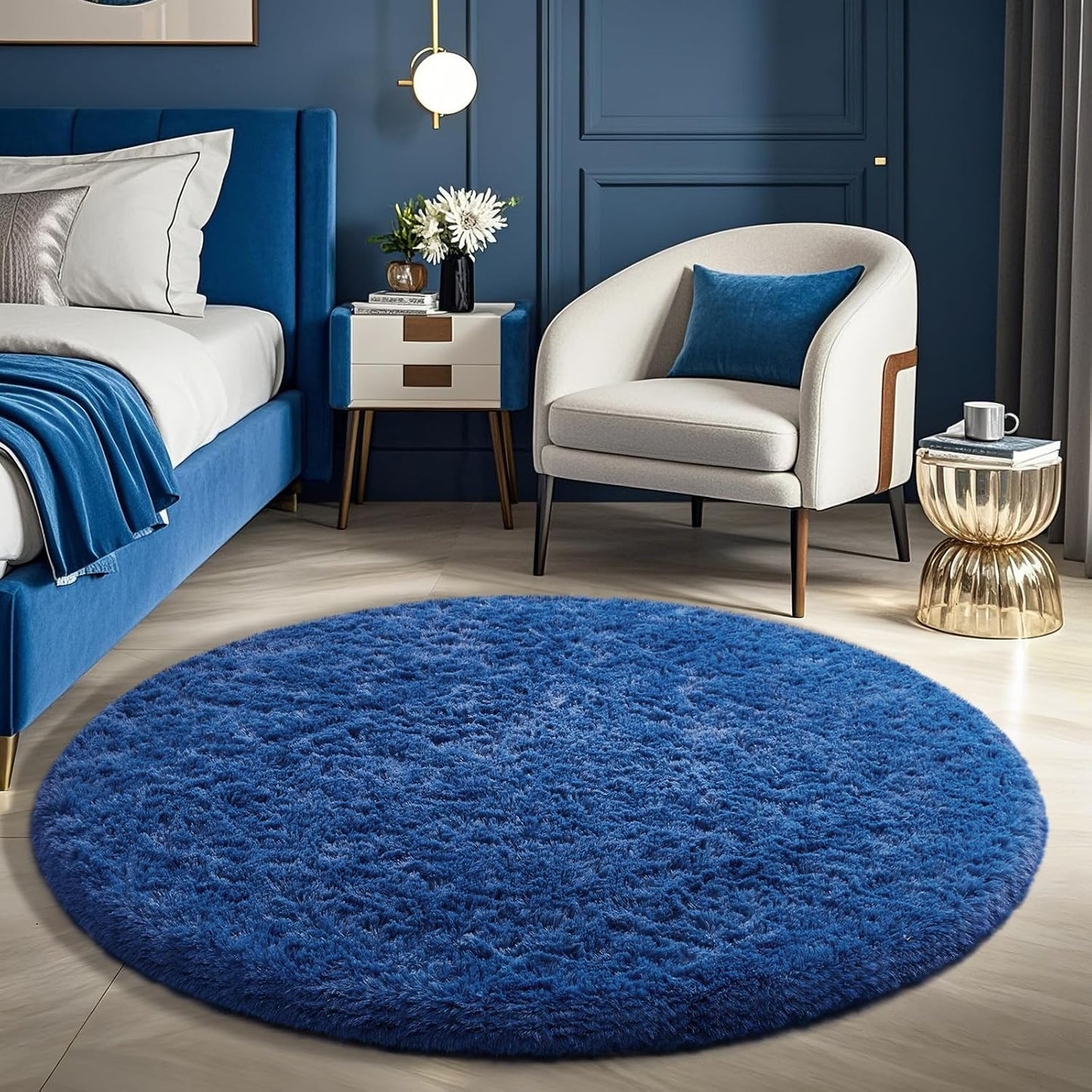 Ophanie Blue Round Rug - 5Ft Plush Soft Shaggy Area Rug for Kids' Room Decor | Fluffy Bedroom Carpet