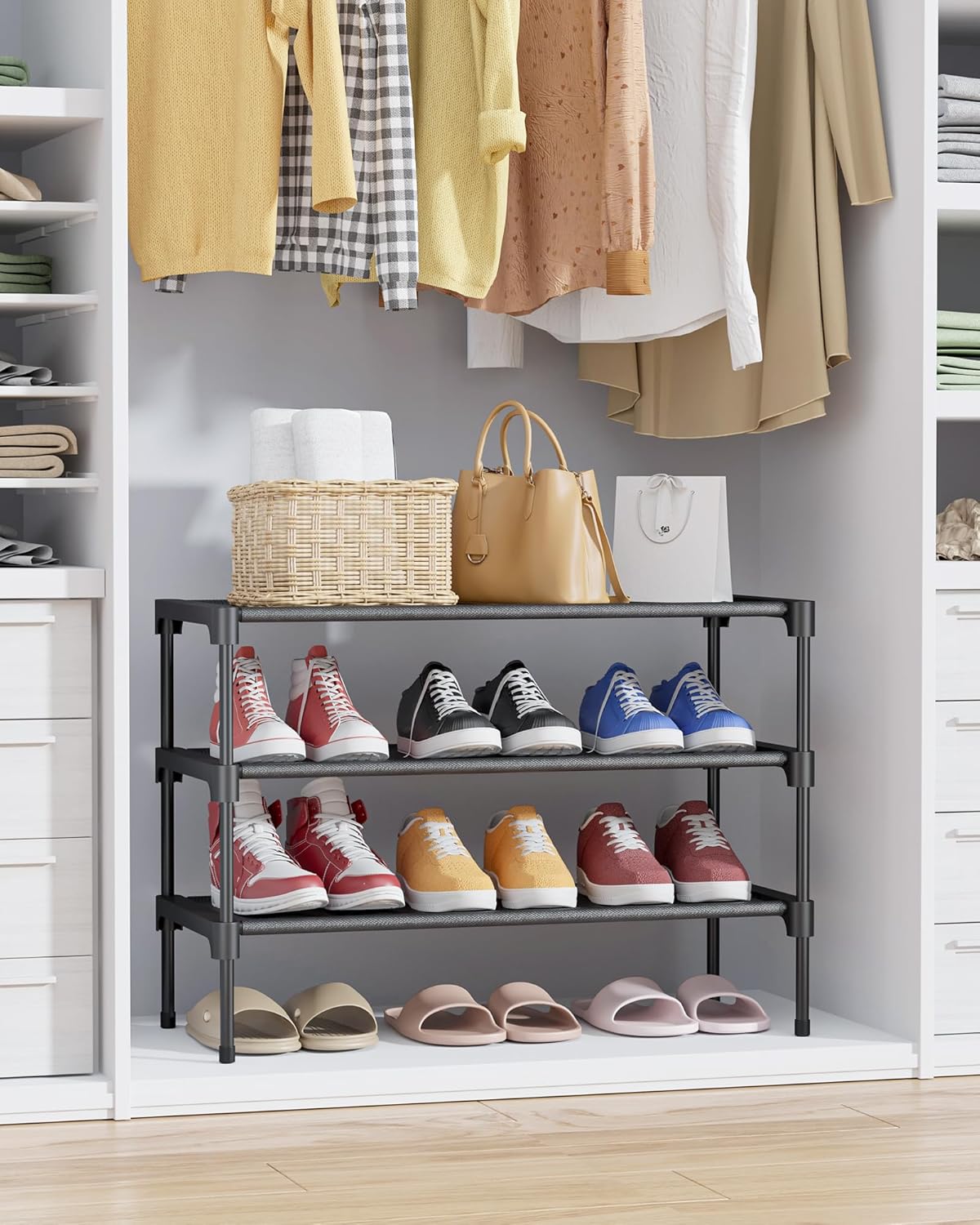 Kitsure Shoe Rack - Stackable Non-Woven Shoe Organizer for Closet & Entryway | 3-Tier, 27.5" Wide, Black