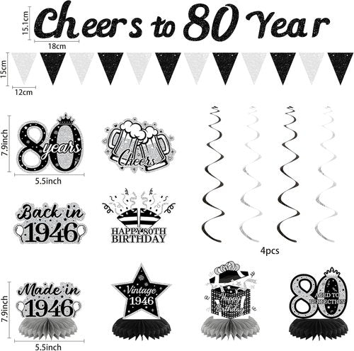 Holkcog 80th Birthday Decorations - 1946 Poster Backdrop, Cheers to 80 Years Banner & Silver Balloons | Complete Party Set