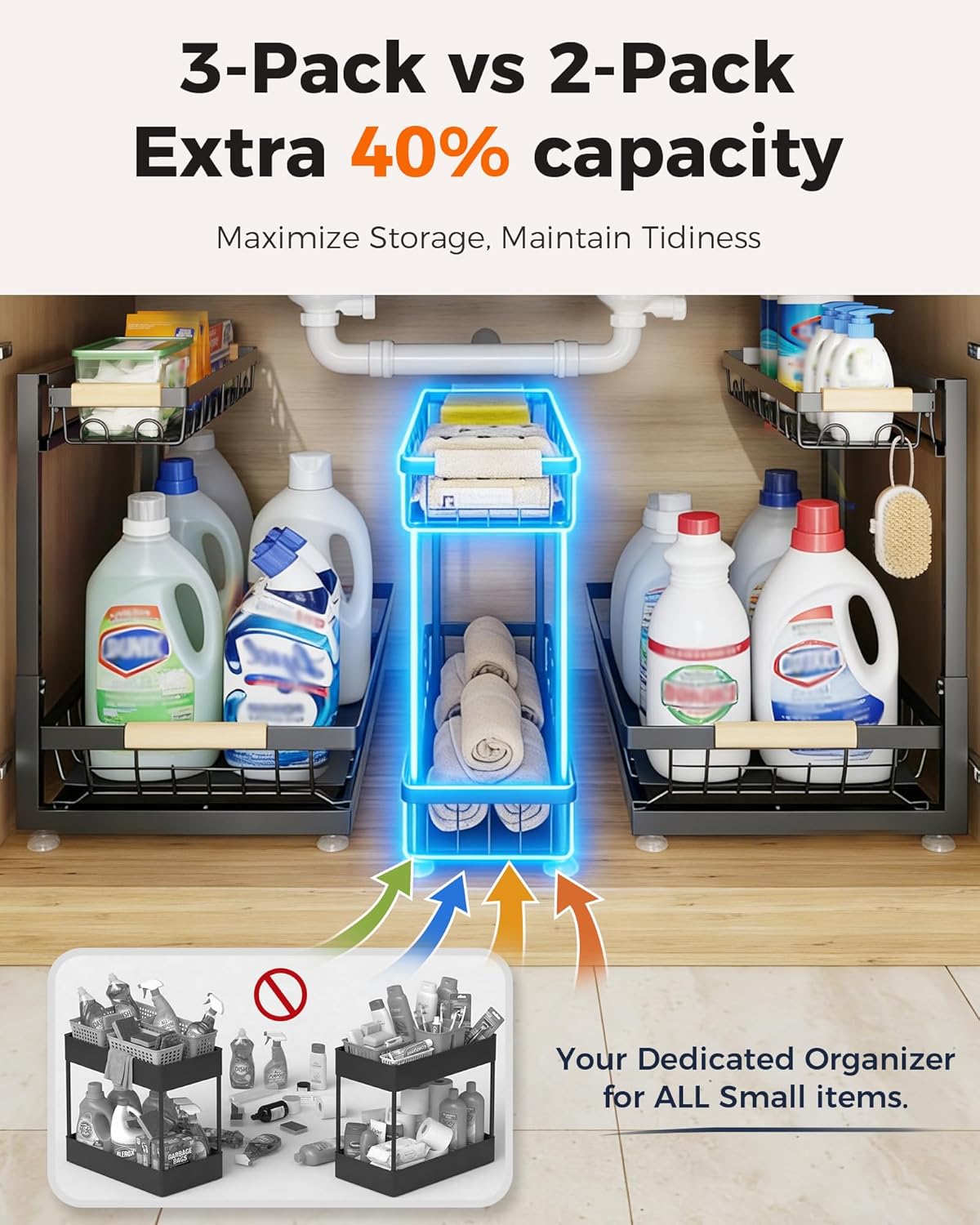 Sevenblue Under Sink Organizer - Height Adjustable 2-Tier Pull-Out Metal Storage | Multi-Purpose Shelves for Kitchen & Bathroom