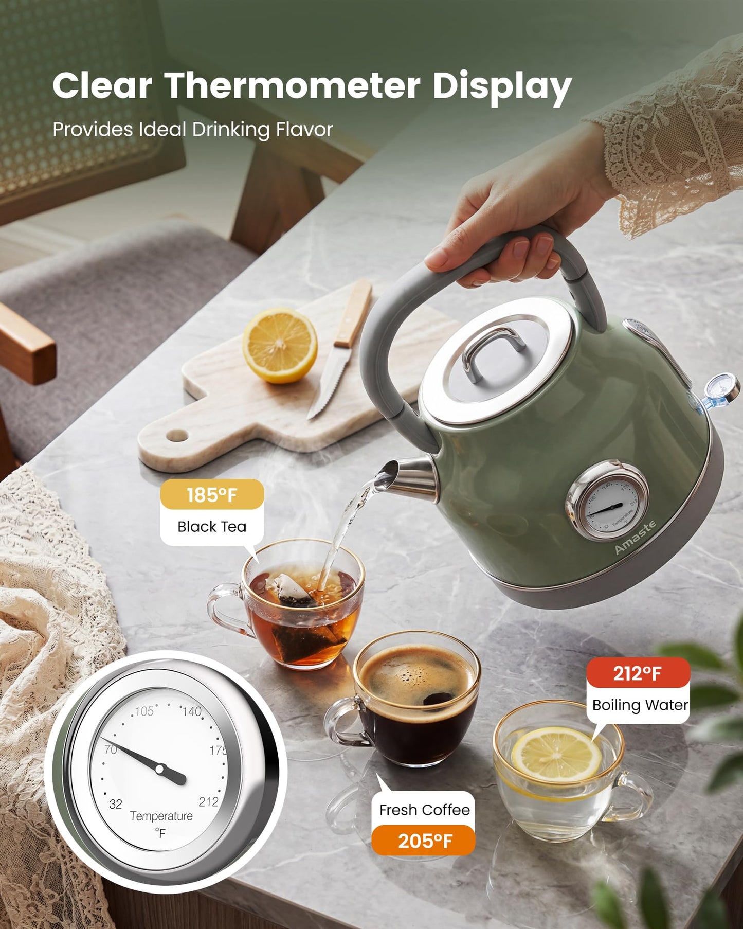 Amaste Electric Kettle, Retro Electric Tea Kettle with Thermometer, 57 Oz Hot Water Kettle for Coffee & Tea, 304 Stainless Steel, 1500W Fast Boiling, Auto Shut-Off & Boil Dry Protection, Matcha Green