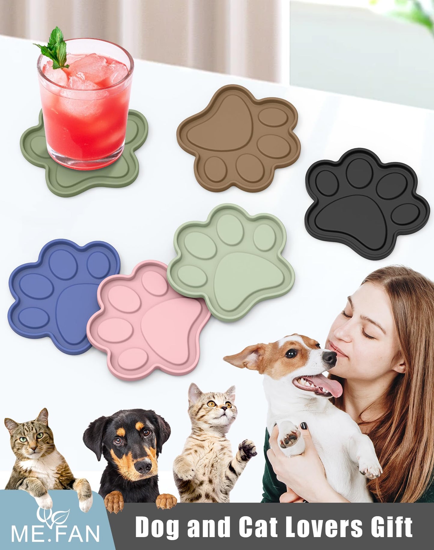 ME.FAN Silicone Coasters 6 Pack Paw Cup Mat with Holder, Dog Cat Paw Shape, for Hot or Cold Drink, Non-Slip, Non-Stick, Room Decor, Housewarming Olive Green