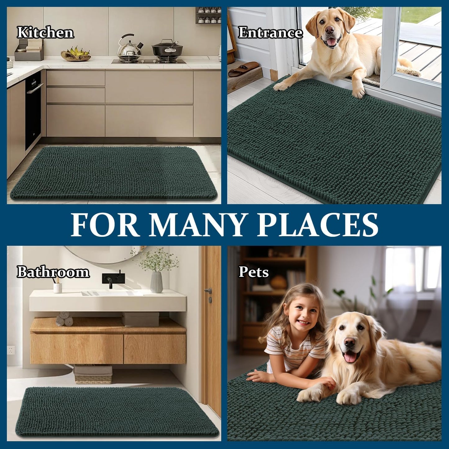 OLANLY Dog Door Mat - Absorbent Non-Slip Washable Doormat for Muddy Paws | 32x20 Blackish Green
