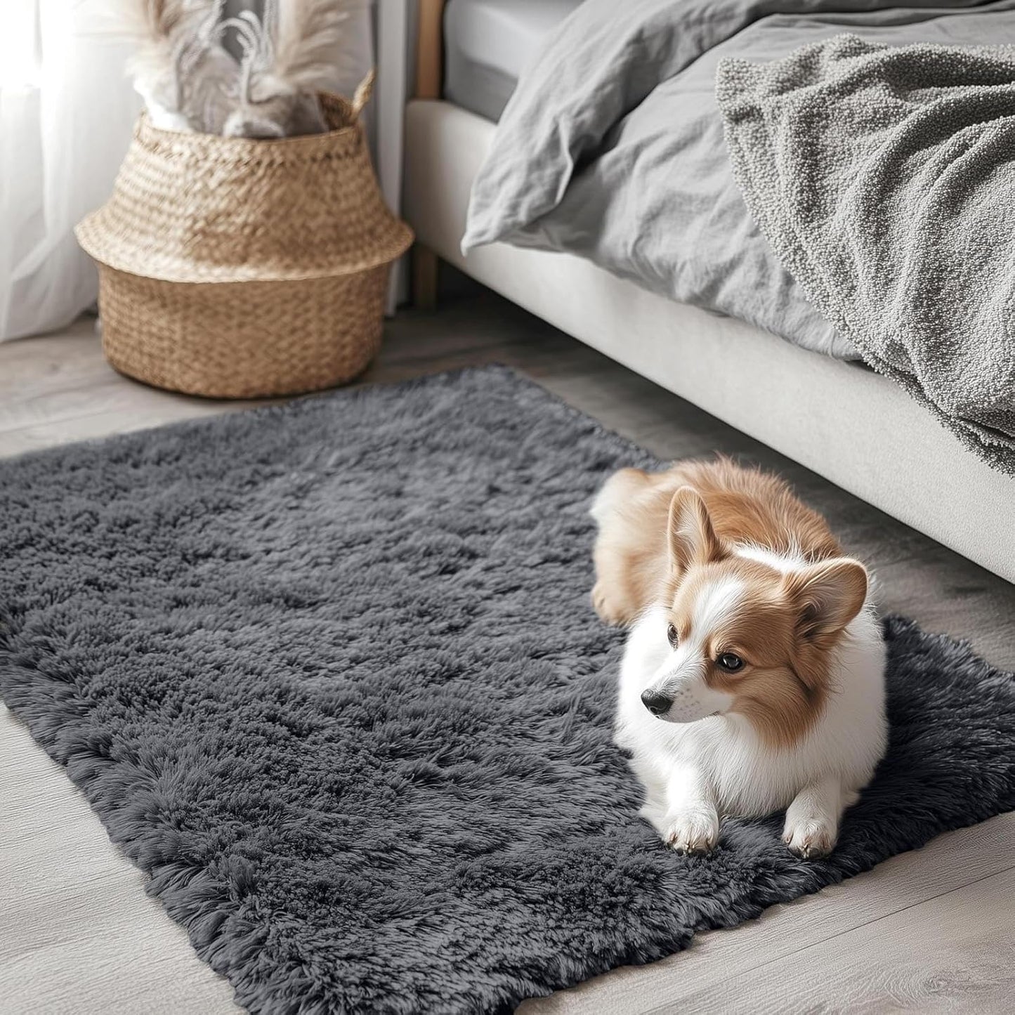 OLANLY Soft Fluffy Shaggy Small Rug - Machine Washable Indoor Carpet for Bedroom & Nursery, Grey
