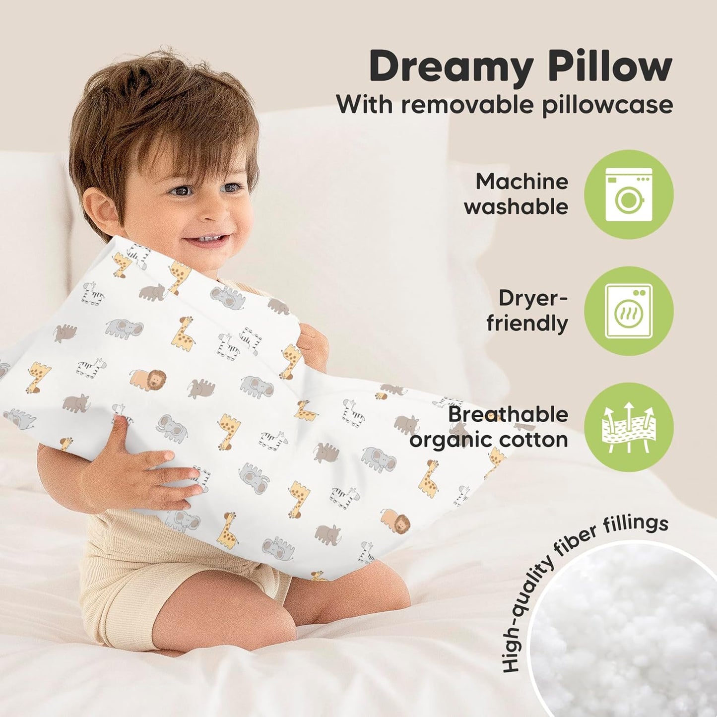 My Little Dreamy Toddler Pillow - Organic Cotton Travel Pillow with Soft Pillowcase | 13x18, Machine Washable, Ideal for Ages 2-5 (Safari Echo)