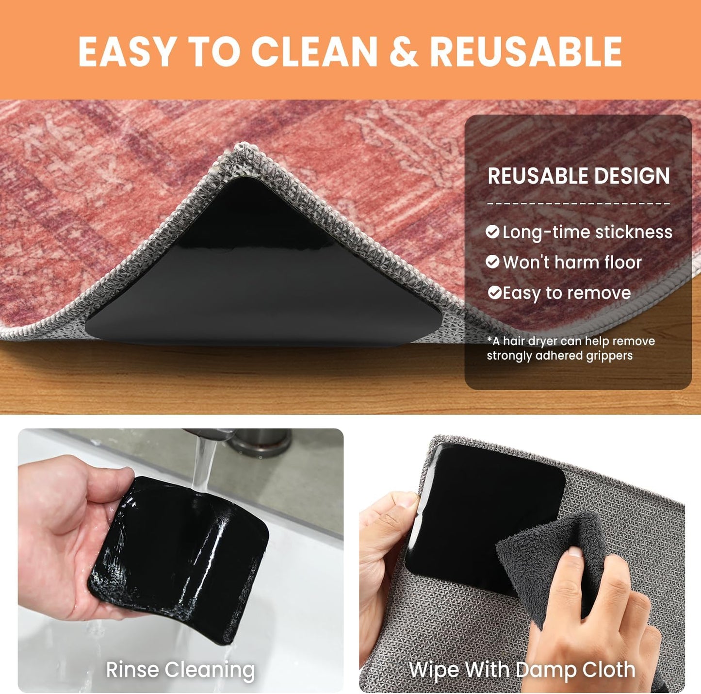 BAGAIL Non-Slip Rug Grippers - 4 Reusable Double-Sided Adhesive Corner Pads for Hardwood & Tile Floors | 4x4in
