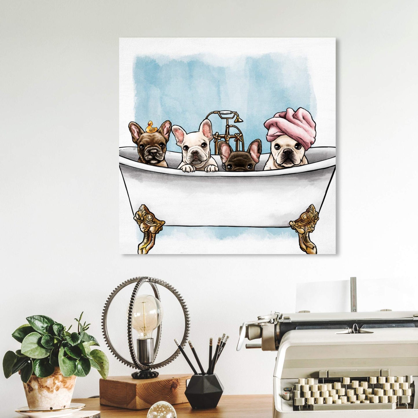 Oliver Gal Animals Modern Canvas Wall Art Frenchies In The Tub Ready to Hang Home Decor 12.0 x 12.0 White and Blue Canvas Art for Bath