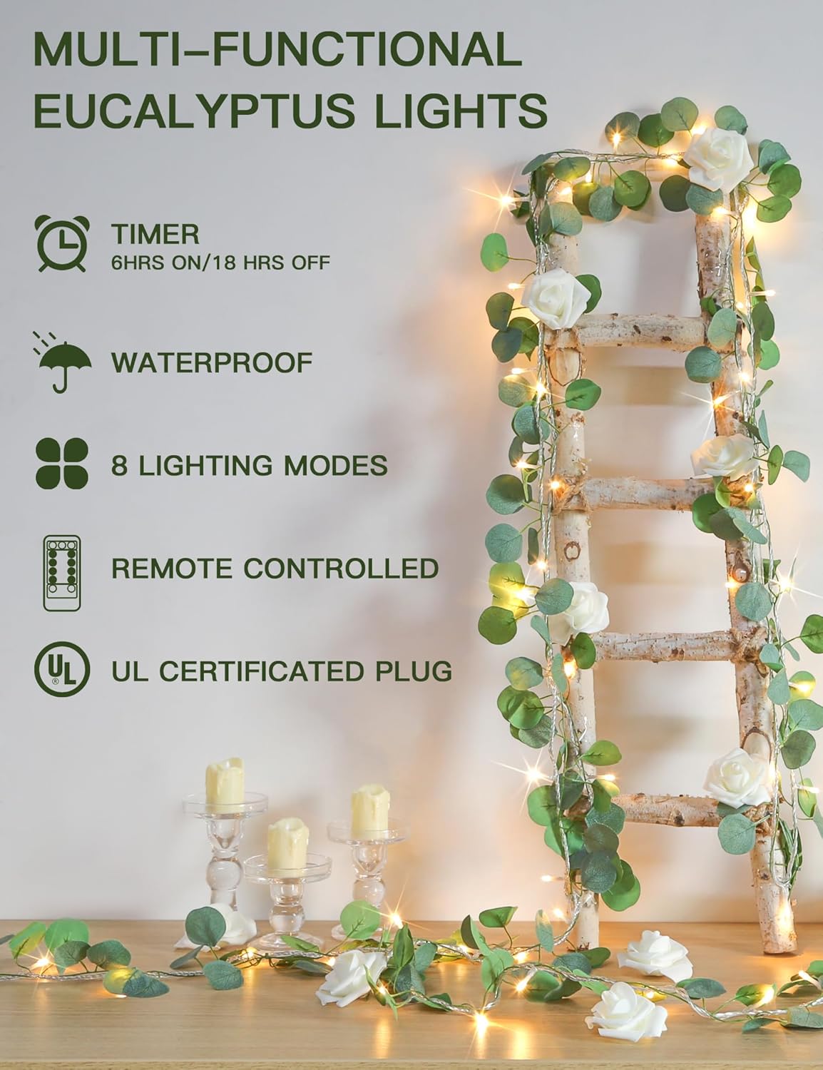 Suddus Eucalyptus Garland String Lights - 33ft 100 LED Remote-Controlled Leaf Lights for Bedroom, Garden, Party, Wedding Decor (Warm White)