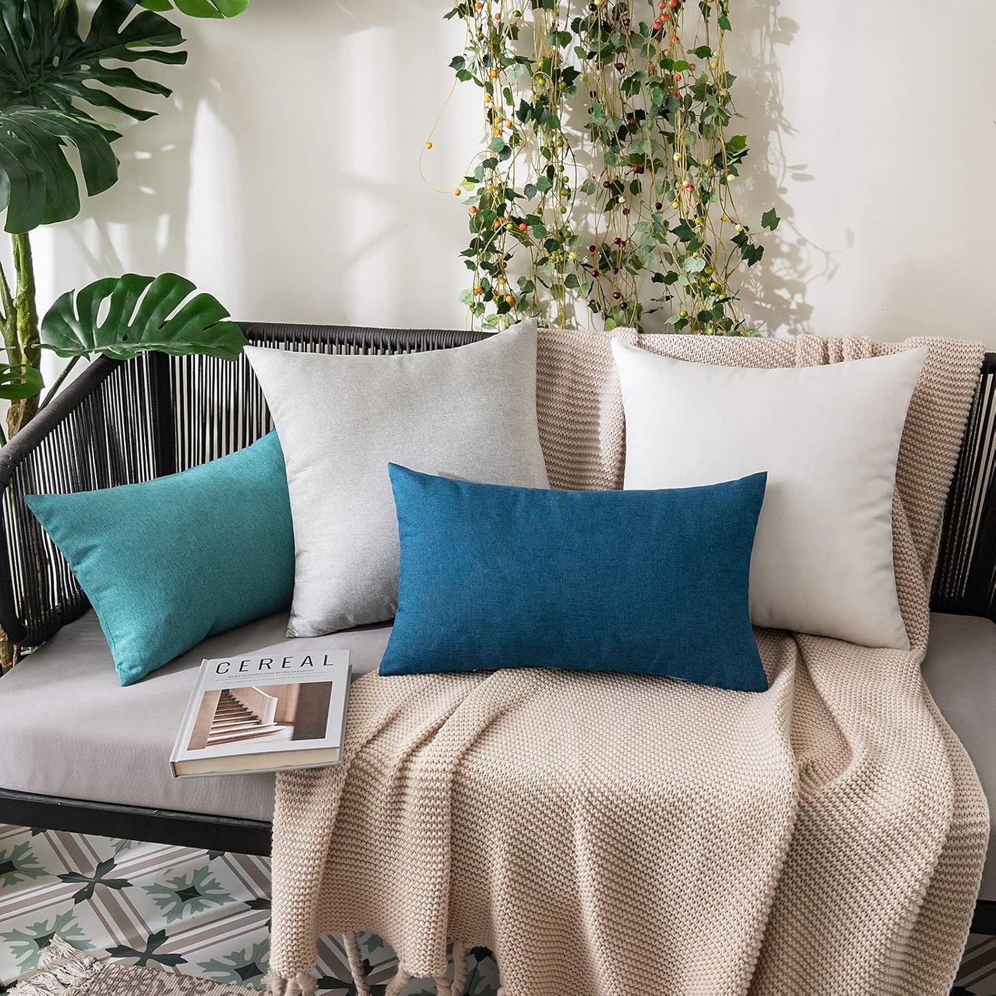 MIULEE Decorative Outdoor Throw Pillow Covers - Waterproof Faux Linen Cushion Cases | 16x16 Inch White (Pack of 2)