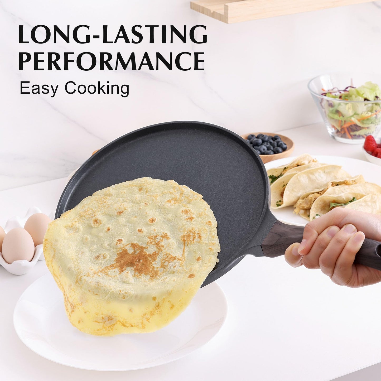 SENSARTE Nonstick Crepe Pan, Swiss Granite Coating Dosa Pan Pancake Flat Skillet Tawa Griddle 10-Inch with Stay-Cool Handle, Induction Compatible (Black)