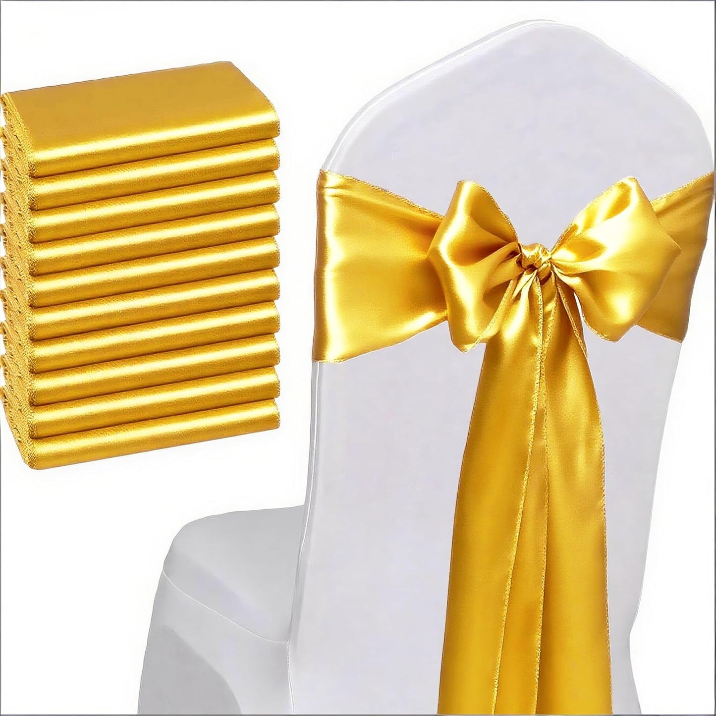 Regine Switzerland Wedding Satin Chair Sashes - Elegant Gold Bows, 7x108 Inch, Pack of 50 for Events