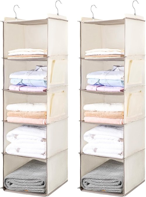 BOOMIBOO Hanging Closet Organizer - 5 Shelves with 2 Side Pockets | Foldable Storage Solution (Beige, 2 Pack)