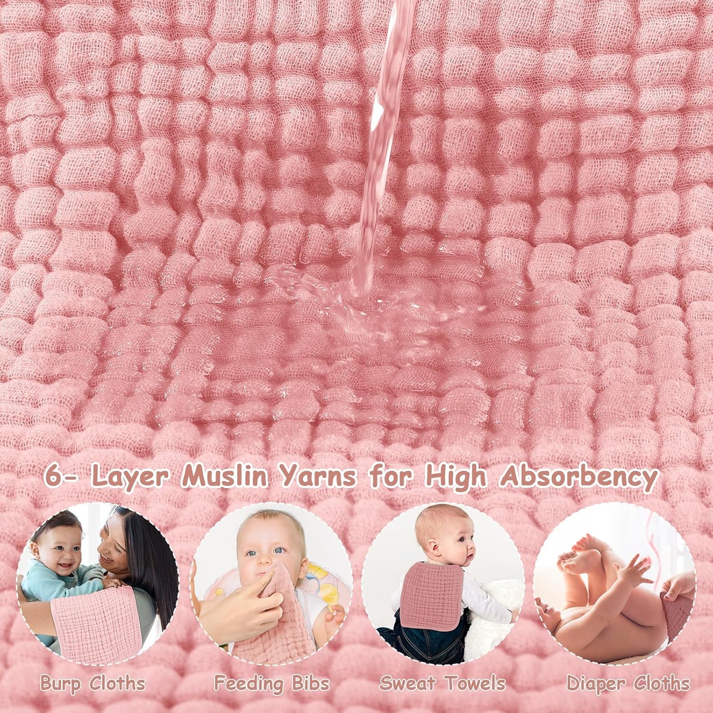 Looxii Muslin Burp Cloths - Ultra Soft & Absorbent 6-Layer 100% Cotton | 20" x 10" | Perfect for Baby Girls in Gradient Pink