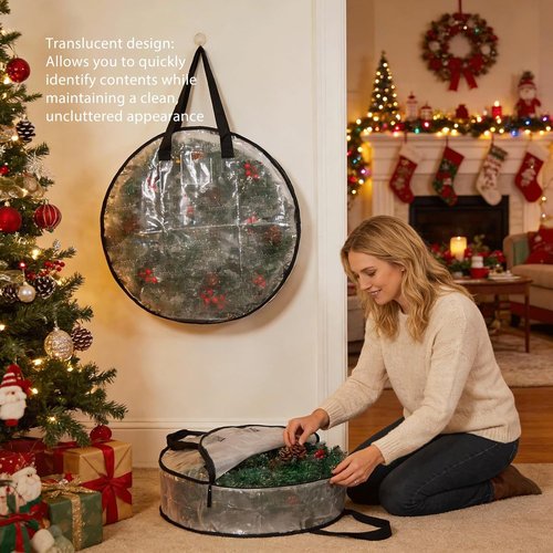 Hayoulabo Clear Christmas Wreath Storage Bags - Waterproof 24-Inch Container with Dual Zipper & Reinforced Handles