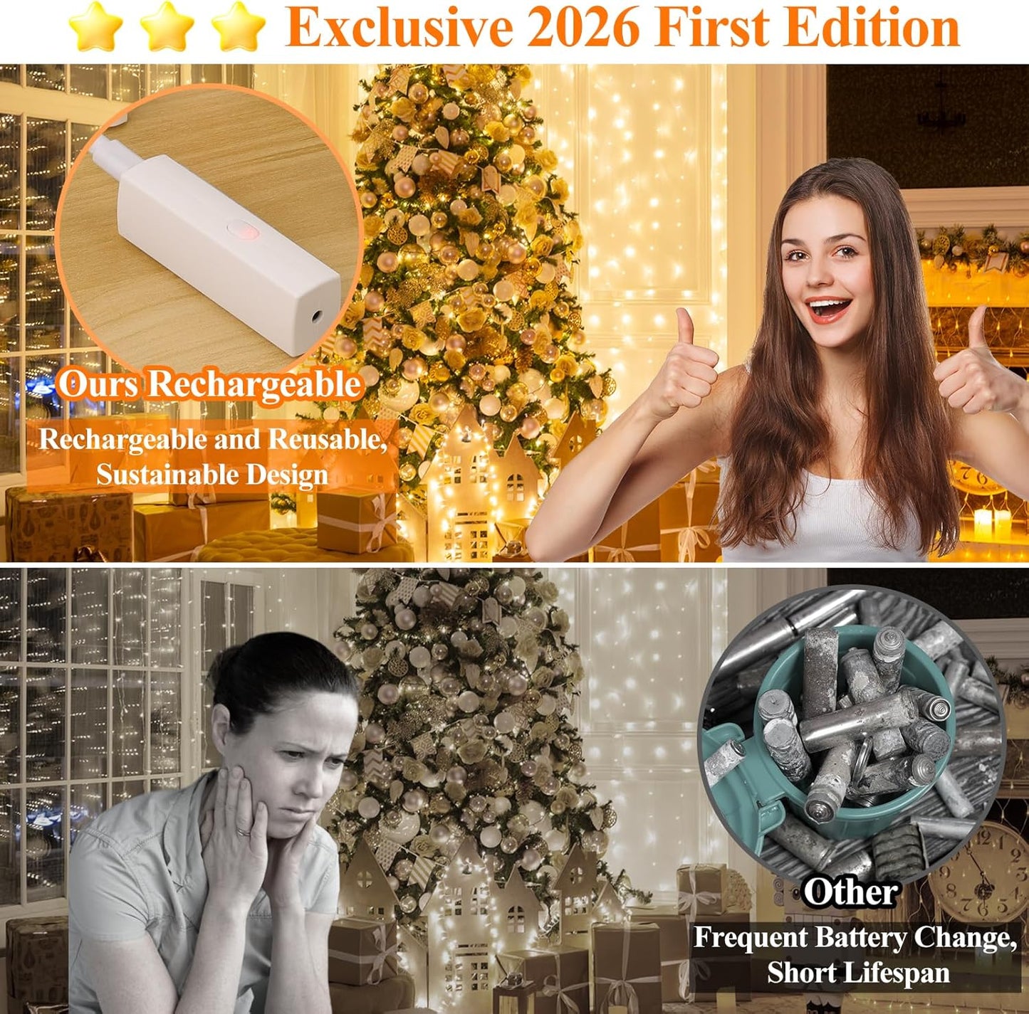 Lakumu LED Fairy Lights - Rechargeable Twinkle String Lights with Timer | 5M/16FT Warm White for Bedroom & Decor