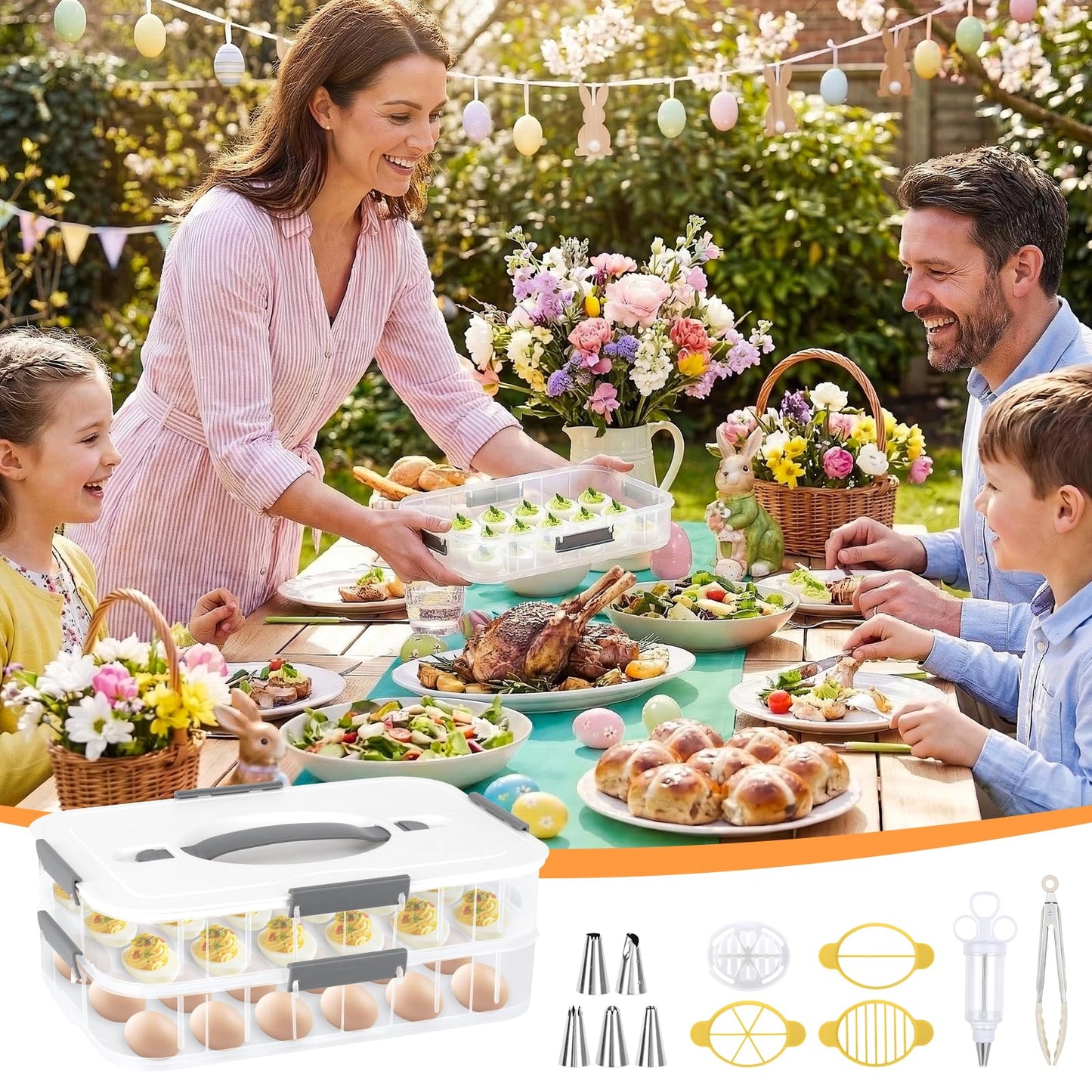 YESSWLQ 2-Layer Deviled Egg Containers with Lid, 36 Slots Refrigerator fridge organizers and storage egg cartons with Handle for Easter, with Slicer Kitchen Tongs Piping Decorating Kit