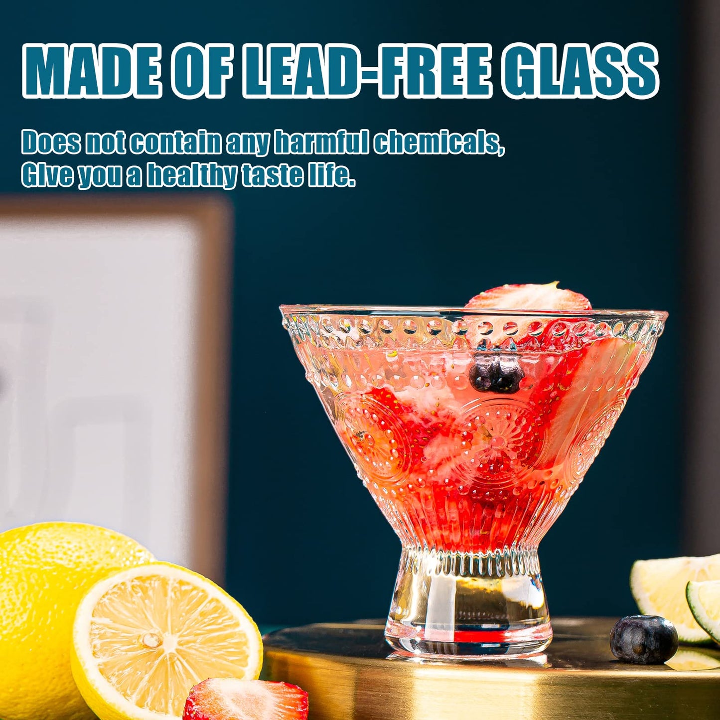 wookgreat Stemless Ribbed Martini Glasses Set of 6, 5oz Crystal Cocktail Glass, Margarita Glasses, Art Deco Coupe Glasses, Heavy Base Bar Glassware for Martini, Cosmopolitan, Gimlet, Dishwasher Safe