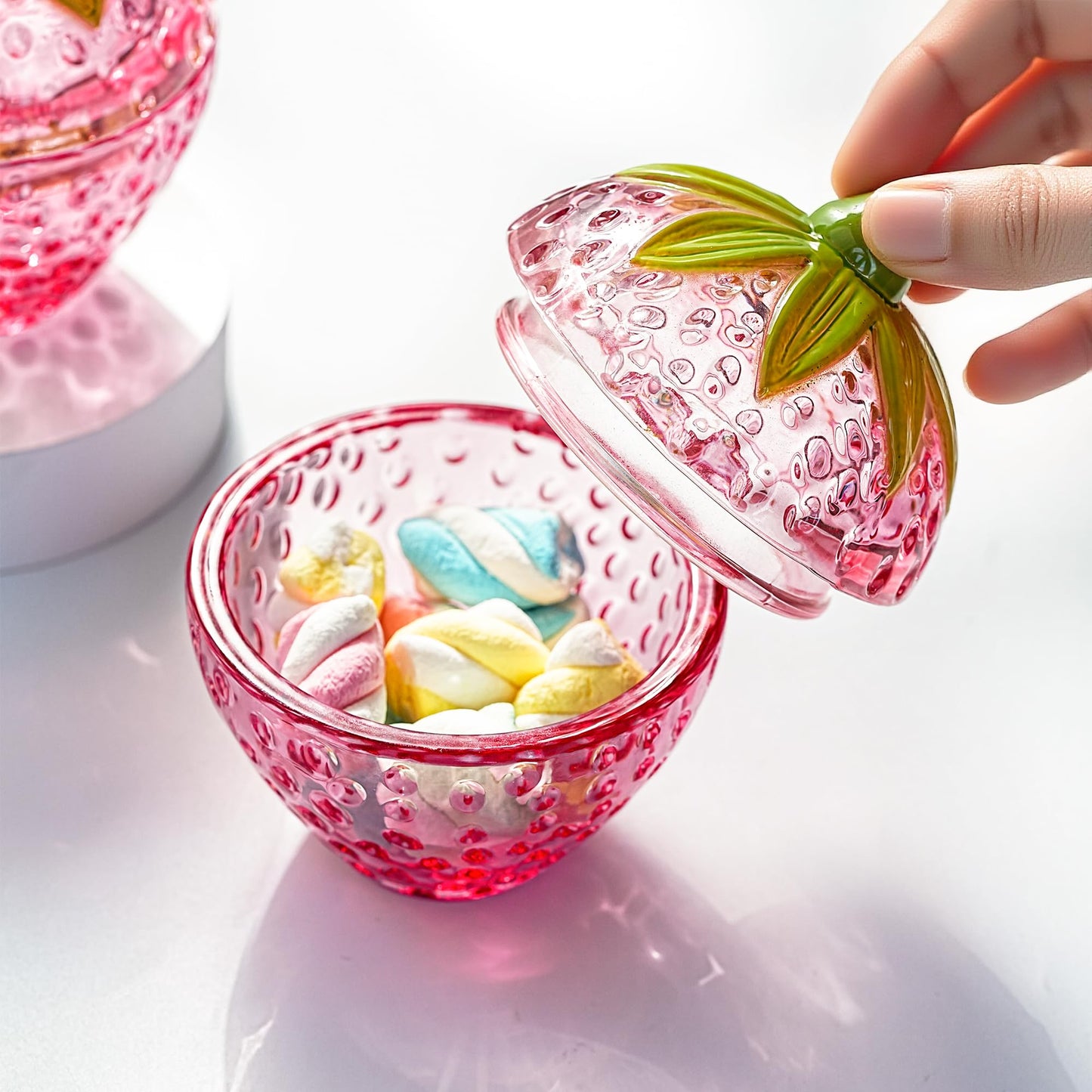 kanpura Pink Strawberry Candy Jar with Lid Small Cute Crystal Candy Dish Set of 2 Glass Decorative Container for Sugar, Cookie, Nuts Valentines Day Gift for Women (3.5 oz)