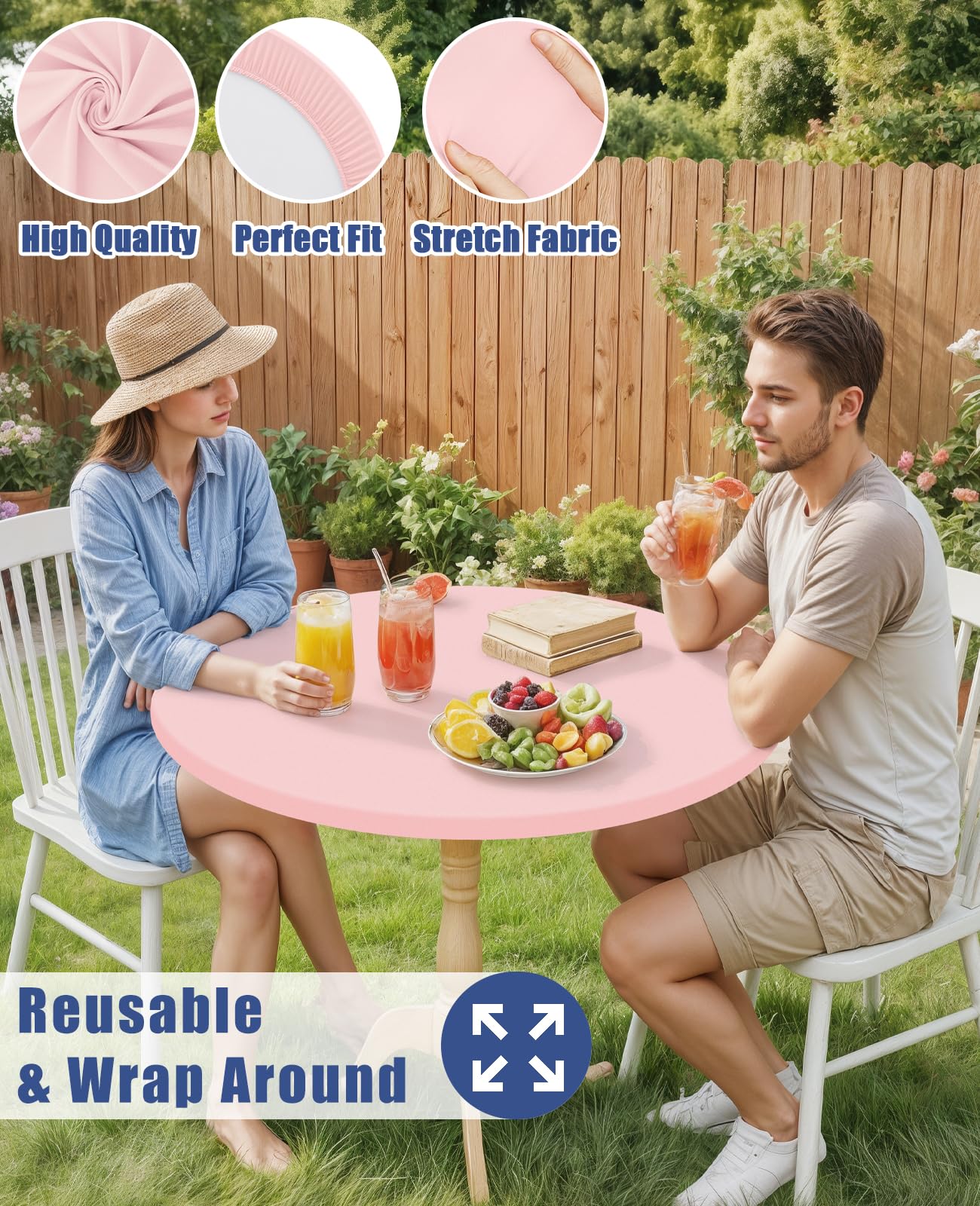 Moosfor Round Spandex Valentines Day Tablecloth, Elastic Fitted Waterproof Tablecloths for 45"-56" Tables, Stretch Washable Picnic Table Cover for Camping, Dining, Indoor and Outdoor, Pink