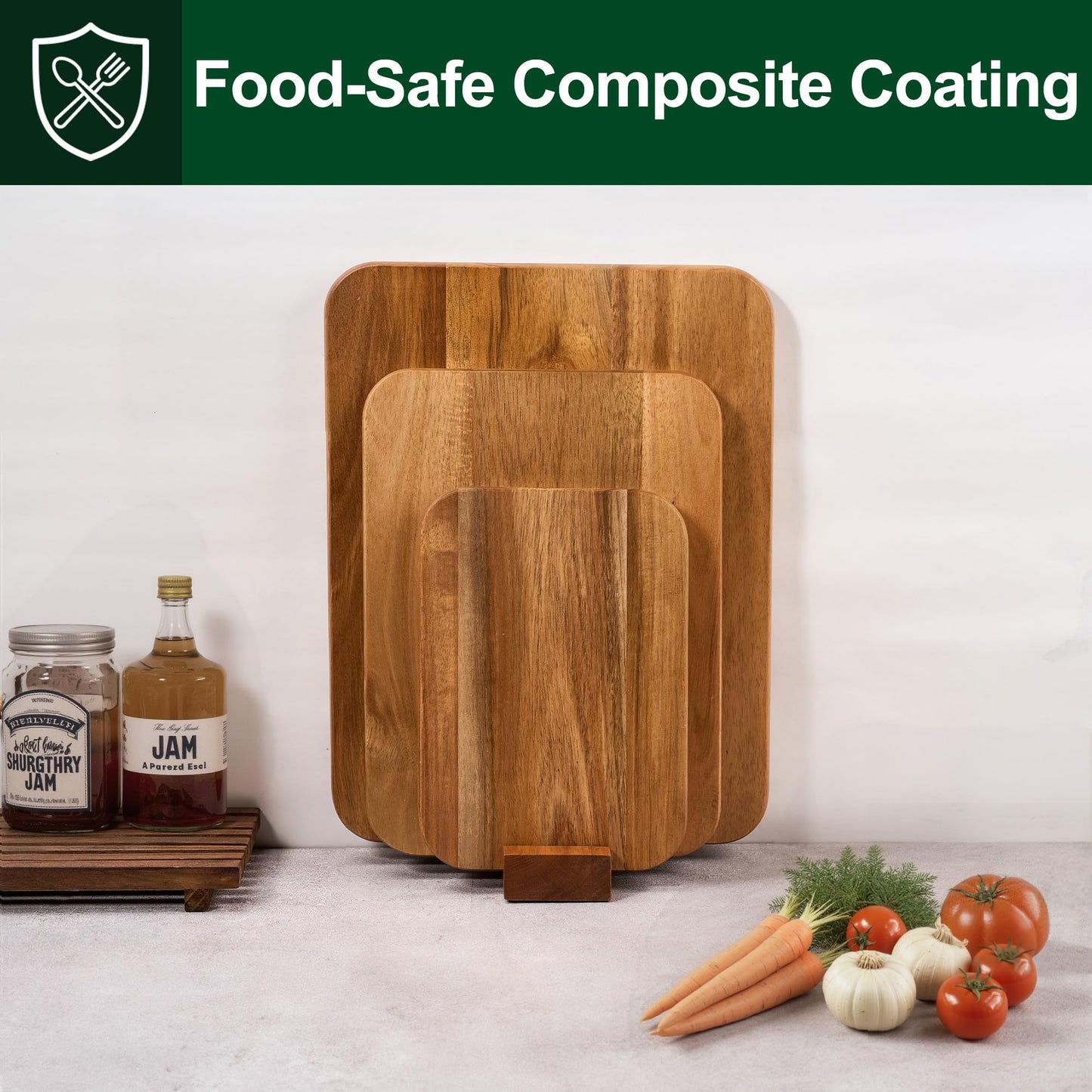 Acacia Wood Cutting Board Set with Holder, Wooden Cutting Boards for Kitchen, Reversible Chopping Boards for Meat, Vegetables, Cheese, Set of 3