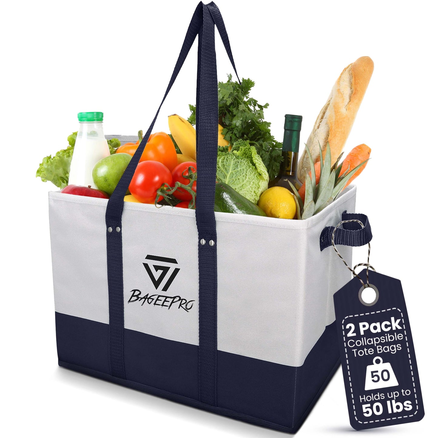 BageePro 2Pack Collapsible Tote Bags | Reusable Grocery Bag | Foldable Heavy Duty Shopping Bags with Handles for Food, Storage, and Groceries | Large Utility Tote Organizer | Navy Blue
